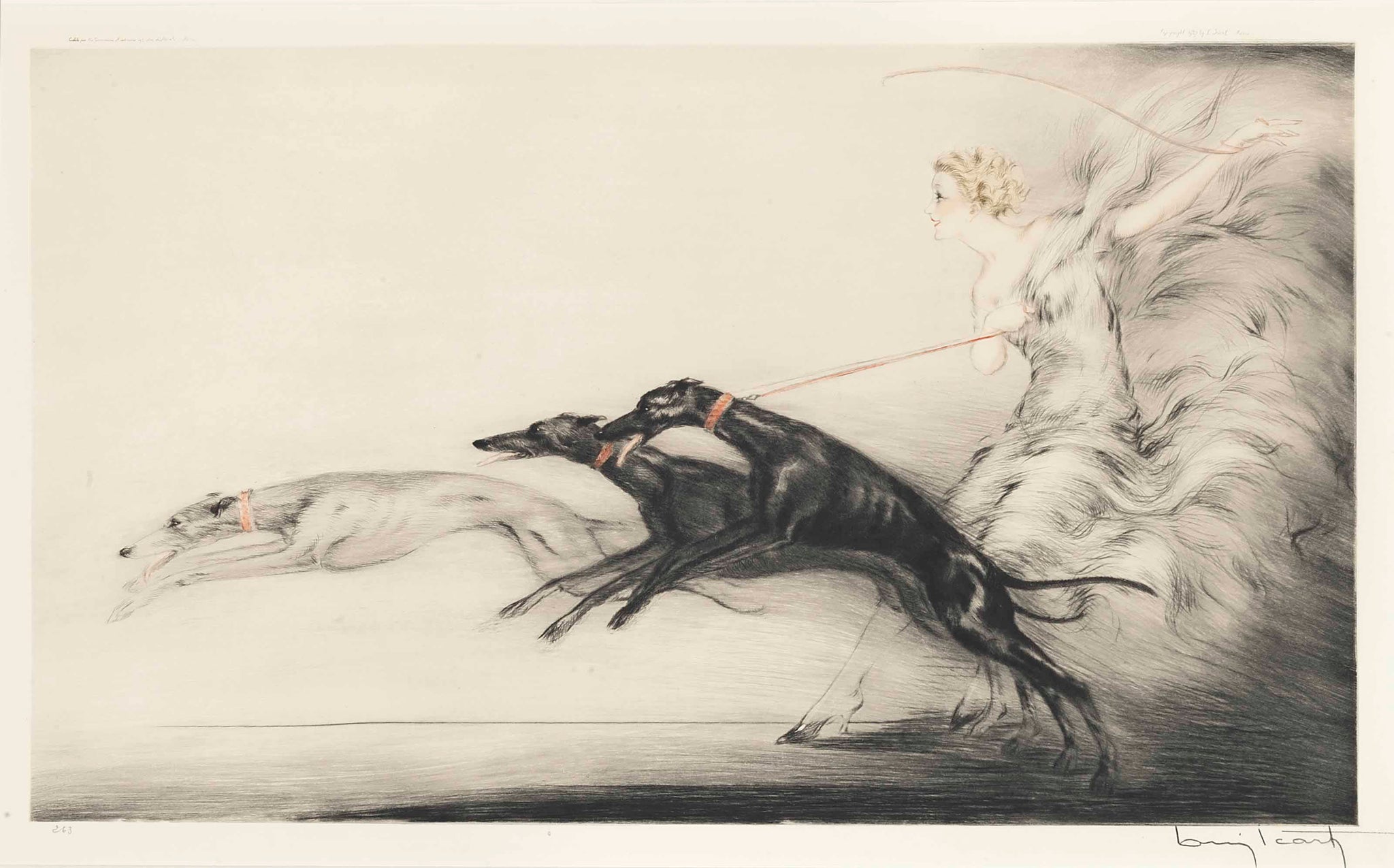 Louis Icart - Speed (1927) One Lady Three Greyhound Dogs - 17" x 22" Art Print