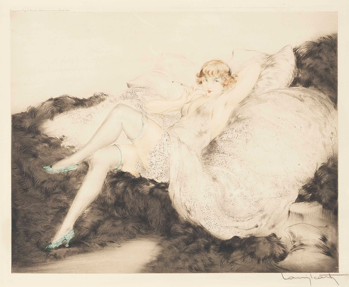 {{ product_title }} Fine Art Print | {{ product_vendor }} Jakero77 Louis Icart - White Underwear (1925) Lady Smoking Cigarette Fine Art Print Art Print Jakero77