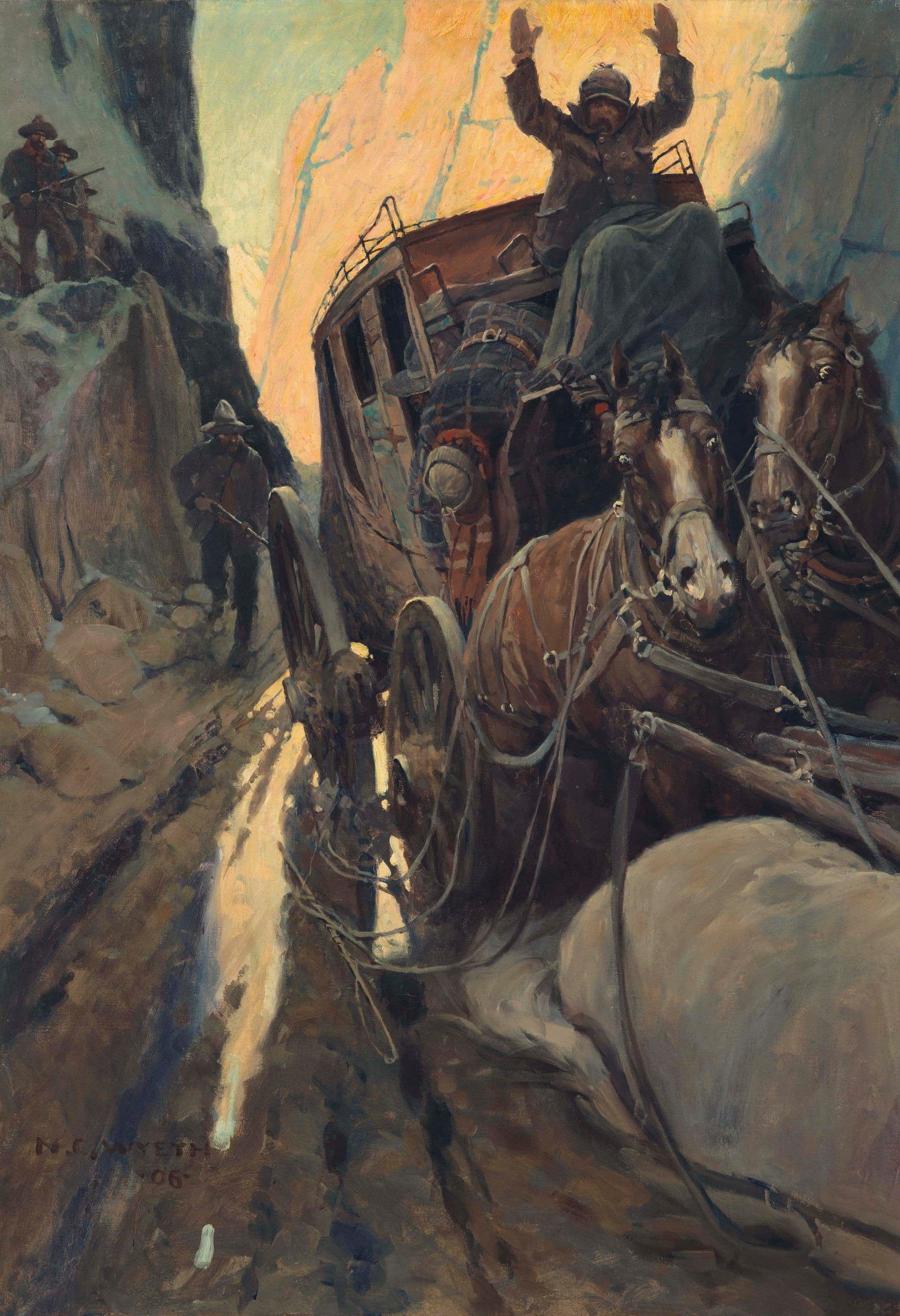 {{ product_title }} Fine Art Print | {{ product_vendor }} Jakero77 Newell Convers Wyeth - Hands Up (1906) Stagecoach Robbery Fine Art Print Art Print Jakero77