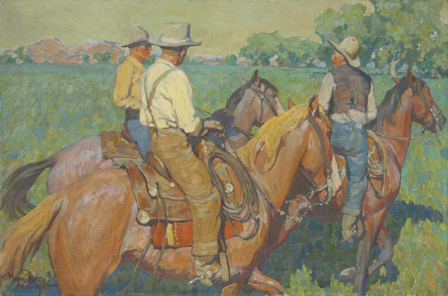 {{ product_title }} Fine Art Print | {{ product_vendor }} Jakero77 Maynard Dixon - Home Pastures Three Cowboys (1915) Arizona Fine Art Print Art Print Jakero77
