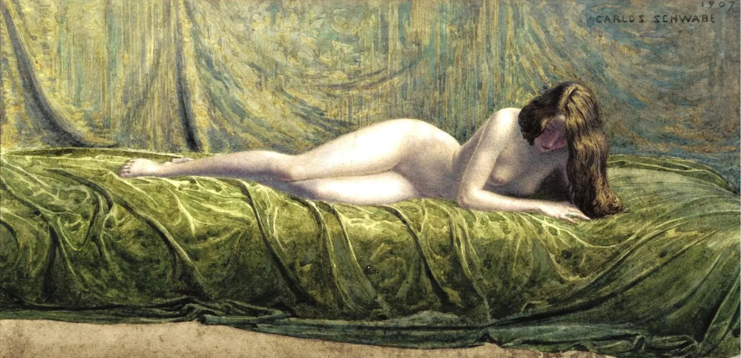 {{ product_title }} Fine Art Print | {{ product_vendor }} Jakero77 Carlos Schwabe - The Jade Ring (1907) Nude Lady on Green Couch Fine Art Print Art Print Jakero77