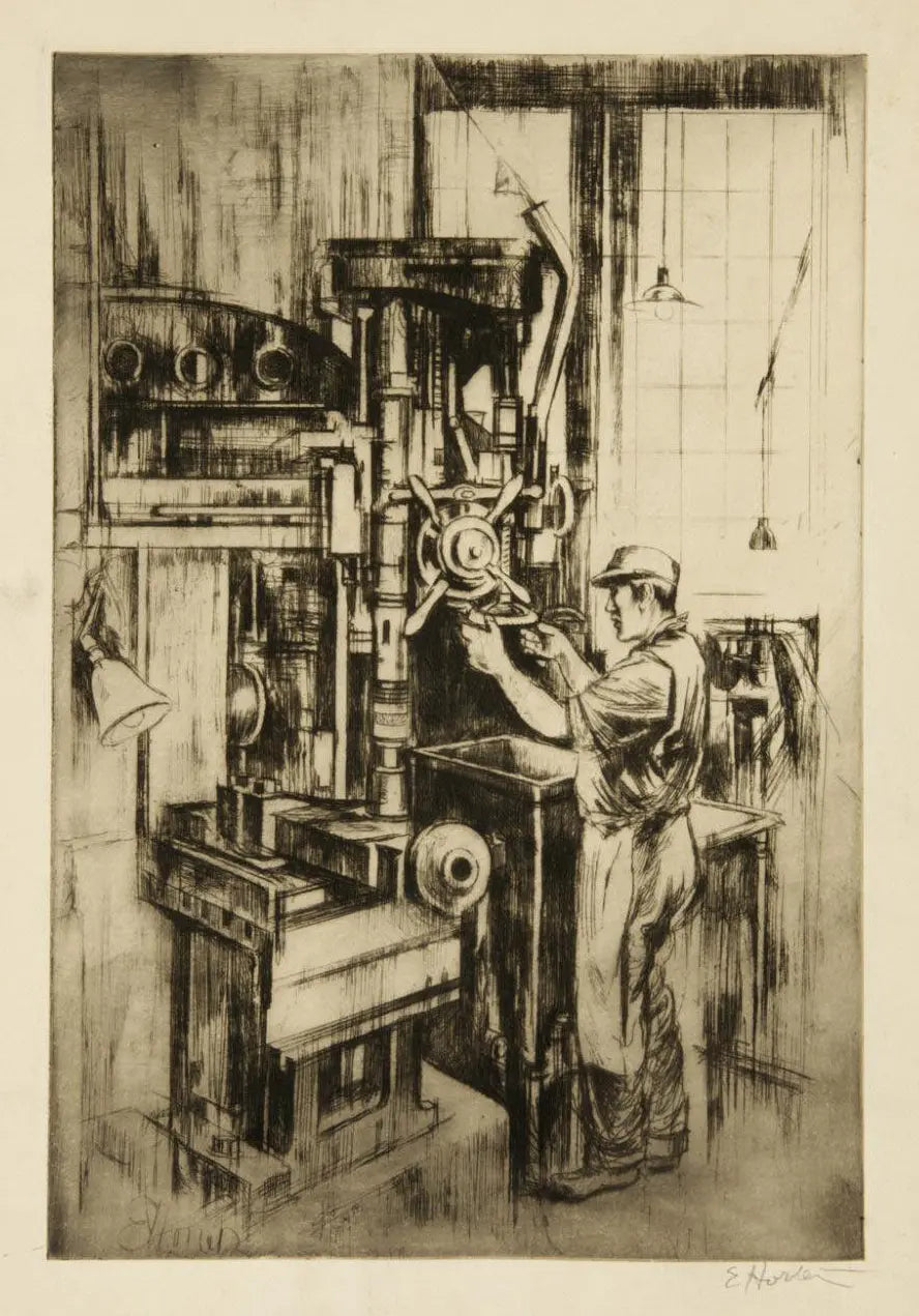 {{ product_title }} Fine Art Print | {{ product_vendor }} Jakero77 Earl Horter - Machinist at a Press (circa 1920s) Fine Art Print Art Print Jakero77