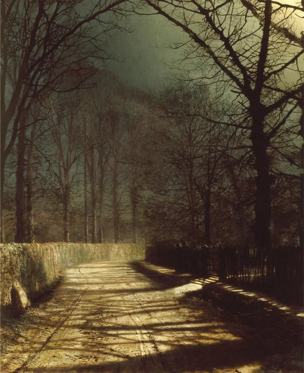 {{ product_title }} Fine Art Print | {{ product_vendor }} Jakero77 John Atkinson Grimshaw - Moonlit Lane with Two Lovers by Gate - 17" x 22" Print Art Print Jakero77