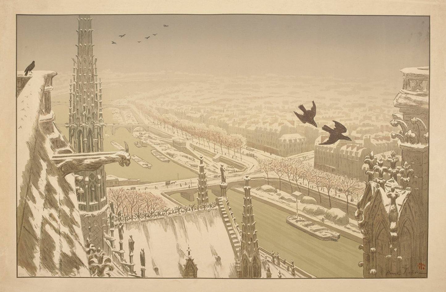 Henri Riviere Paris France View Crows Gargoyles Seine 1900 Fine Art Print Fine Art Print | Jakero77