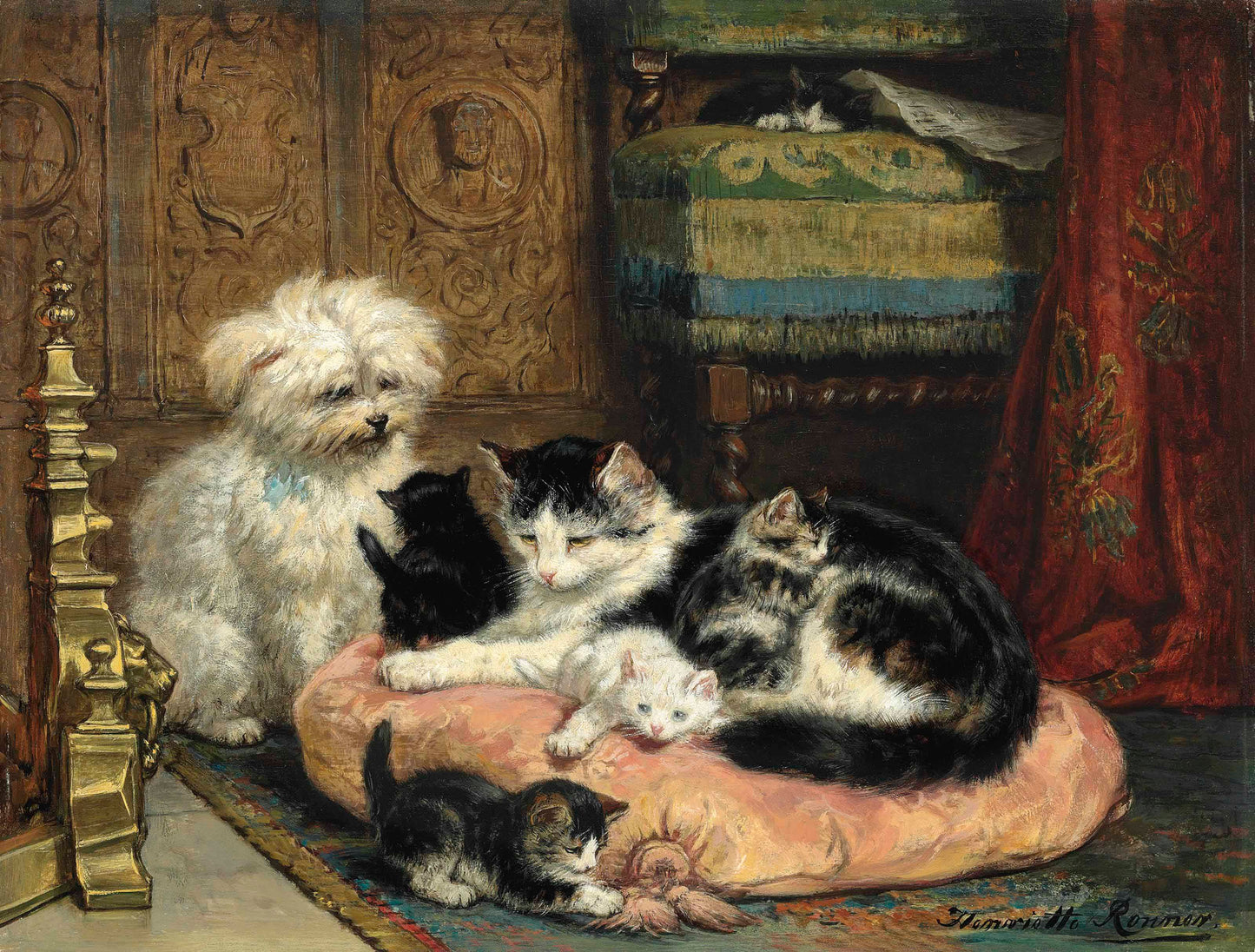 {{ product_title }} Fine Art Print | {{ product_vendor }} Jakero77 Henriëtte Ronner-Knip Cat Mother Playful Kittens Terrier Dog 1880s Fine Art Print Art Print Jakero77