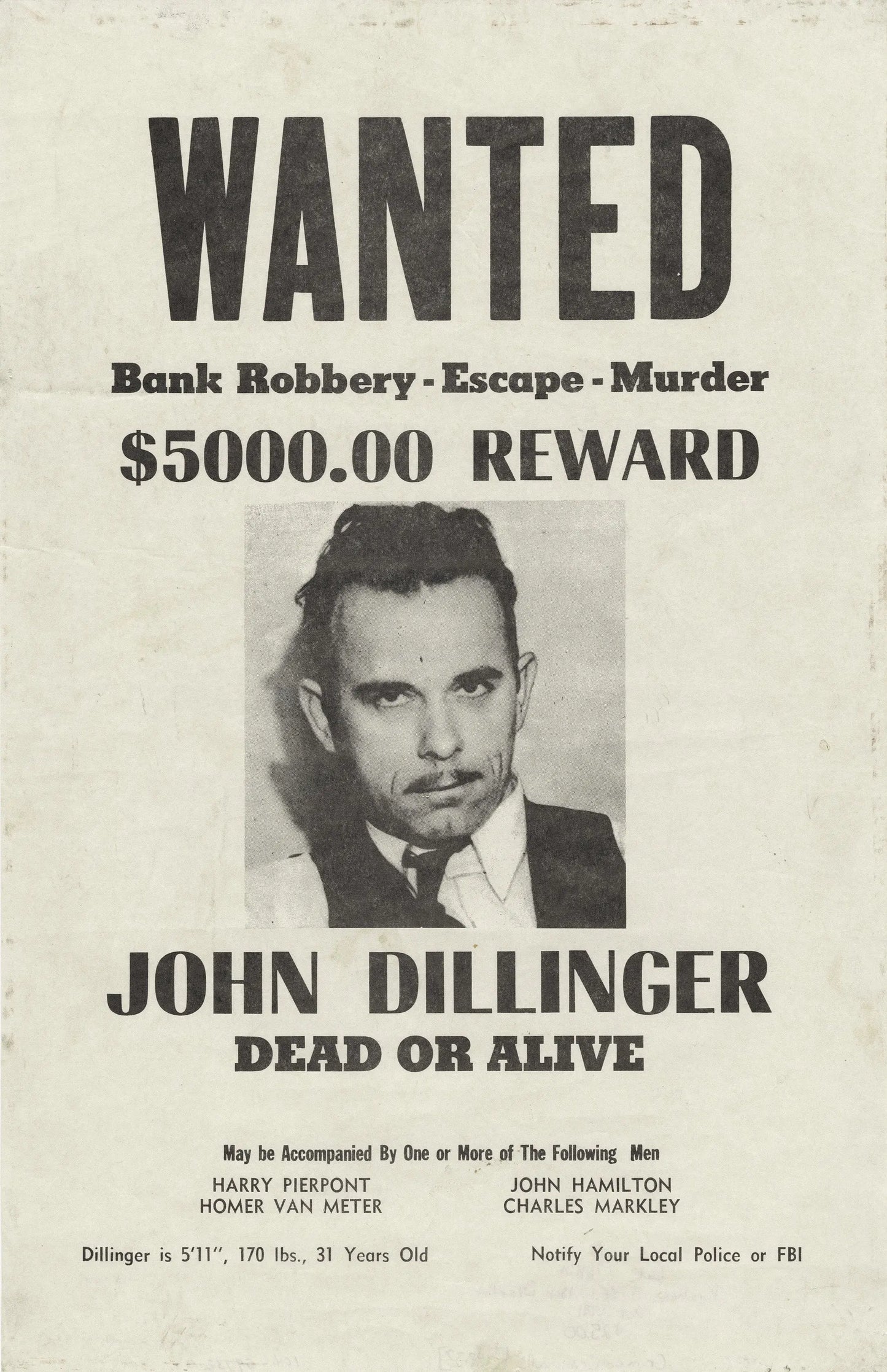 John Dillinger Wanted Poster 1934 FBI Public Enemy - 17" x 22" Fine Art Print Jakero77