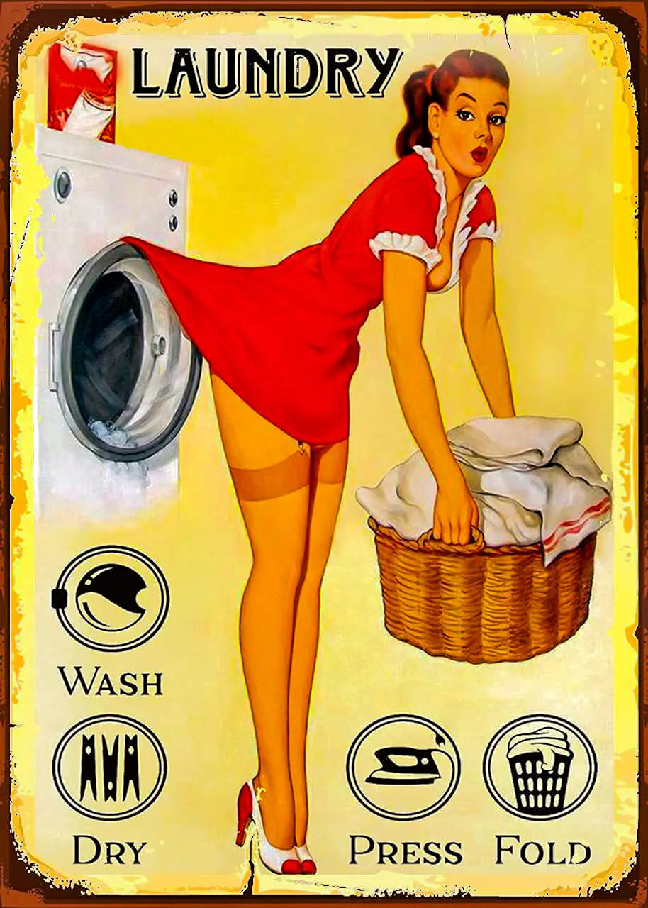 {{ product_title }} Fine Art Print | {{ product_vendor }} Jakero77 1950s Pin-up Model Doing Laundry Red Dress Caught Up - 17" x 22" Fine Art Print Art Print Jakero77