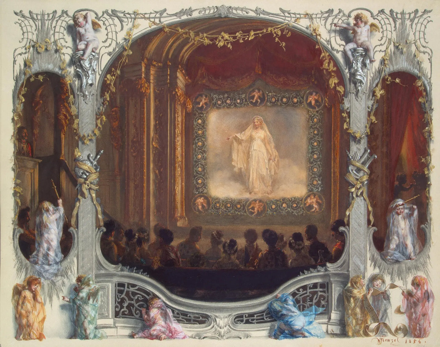 {{ product_title }} Fine Art Print | {{ product_vendor }} Jakero77 Adolph von Menzel - Festival in Theater of New Palace in 1829 Signed (1854) - 17"x22" Fine Art Print Art Print Jakero77