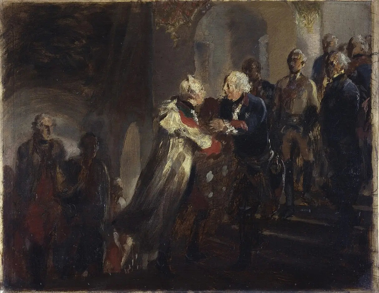 {{ product_title }} Fine Art Print | {{ product_vendor }} Jakero77 Adolph von Menzel - Frederick the Great & Joseph II Meet in Neiße 1769 (1856) Sketch - 17"x22" Fine Art Print Art Print Jakero77