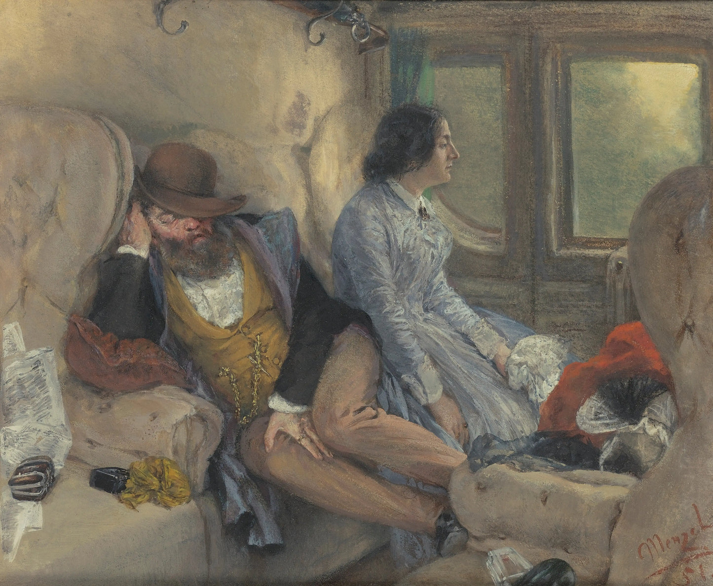{{ product_title }} Fine Art Print | {{ product_vendor }} Jakero77 Adolph von Menzel - In Railway Carriage (After a Night's Journey) Sleeping (1851) Signed - 17"x22" Art Print Art Print Jakero77
