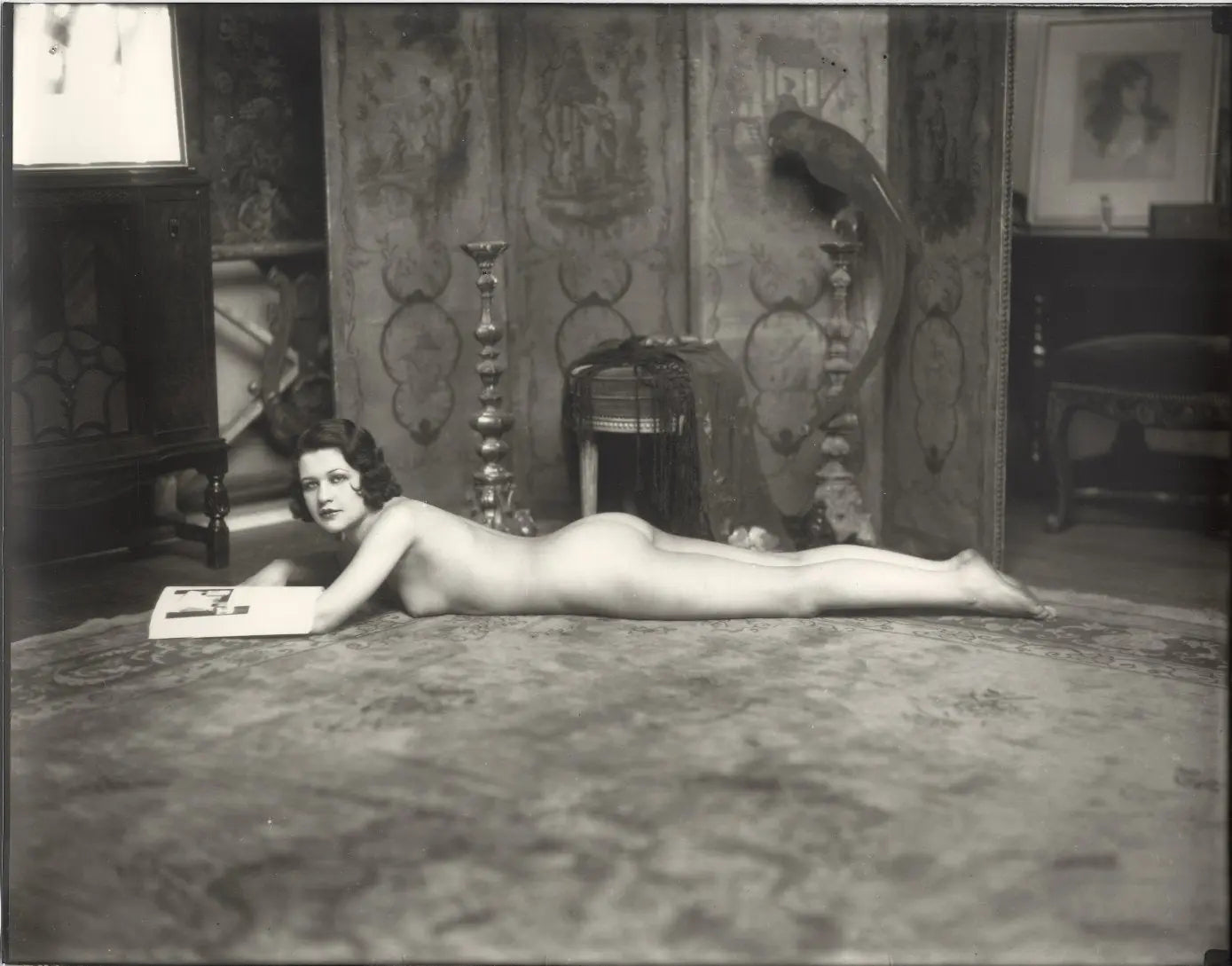 {{ product_title }} Fine Art Print | {{ product_vendor }} Jakero77 Alfred Cheney Johnston - Nude Female Laying on Rug (1920s) - 17" x 22" Art Print Art Print Jakero77