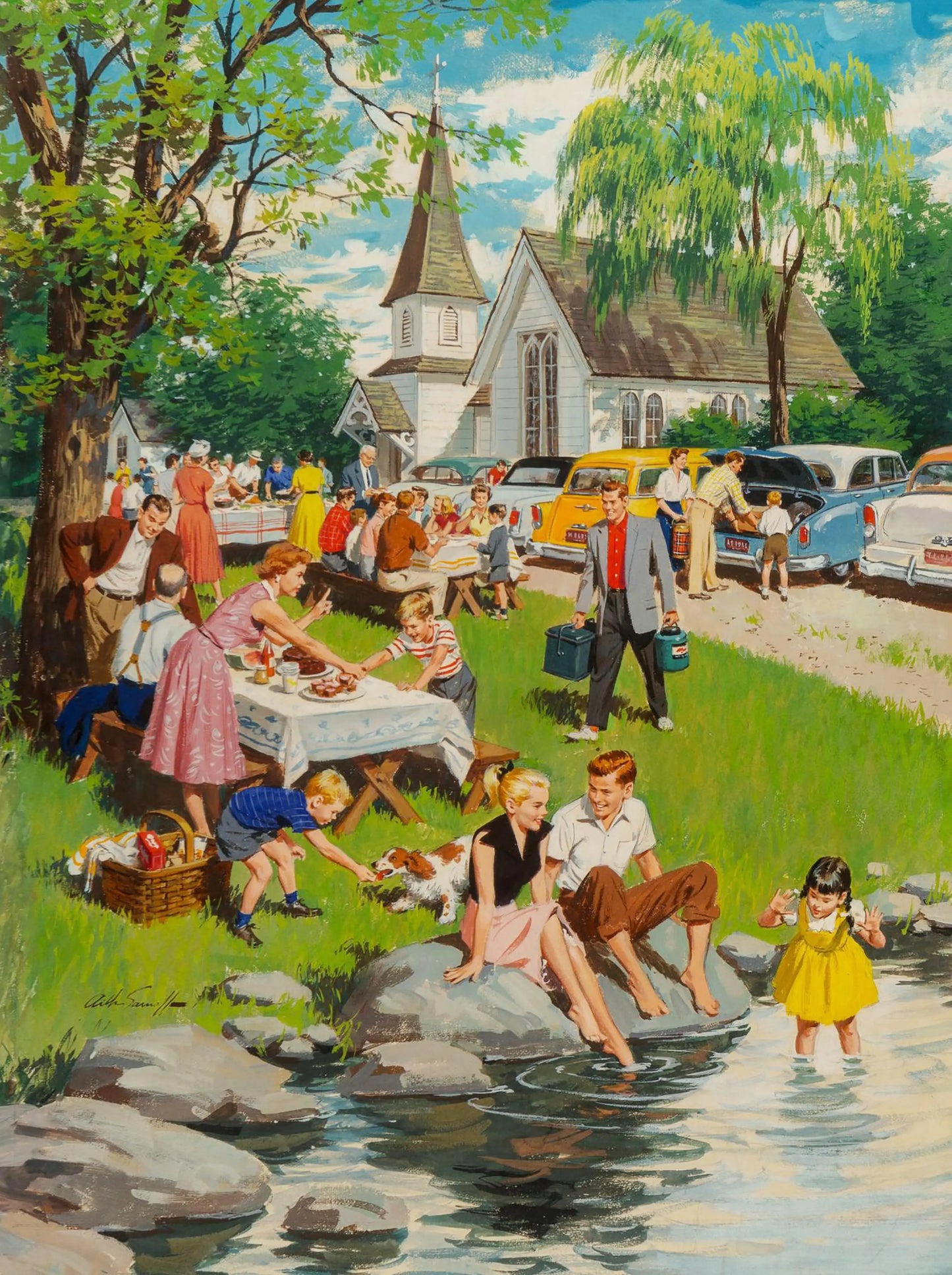 {{ product_title }} Fine Art Print | {{ product_vendor }} Jakero77 Arthur Sarnoff - A Church Picnic 1950s Signed - 17" x 22" Fine Art Print Art Print Jakero77
