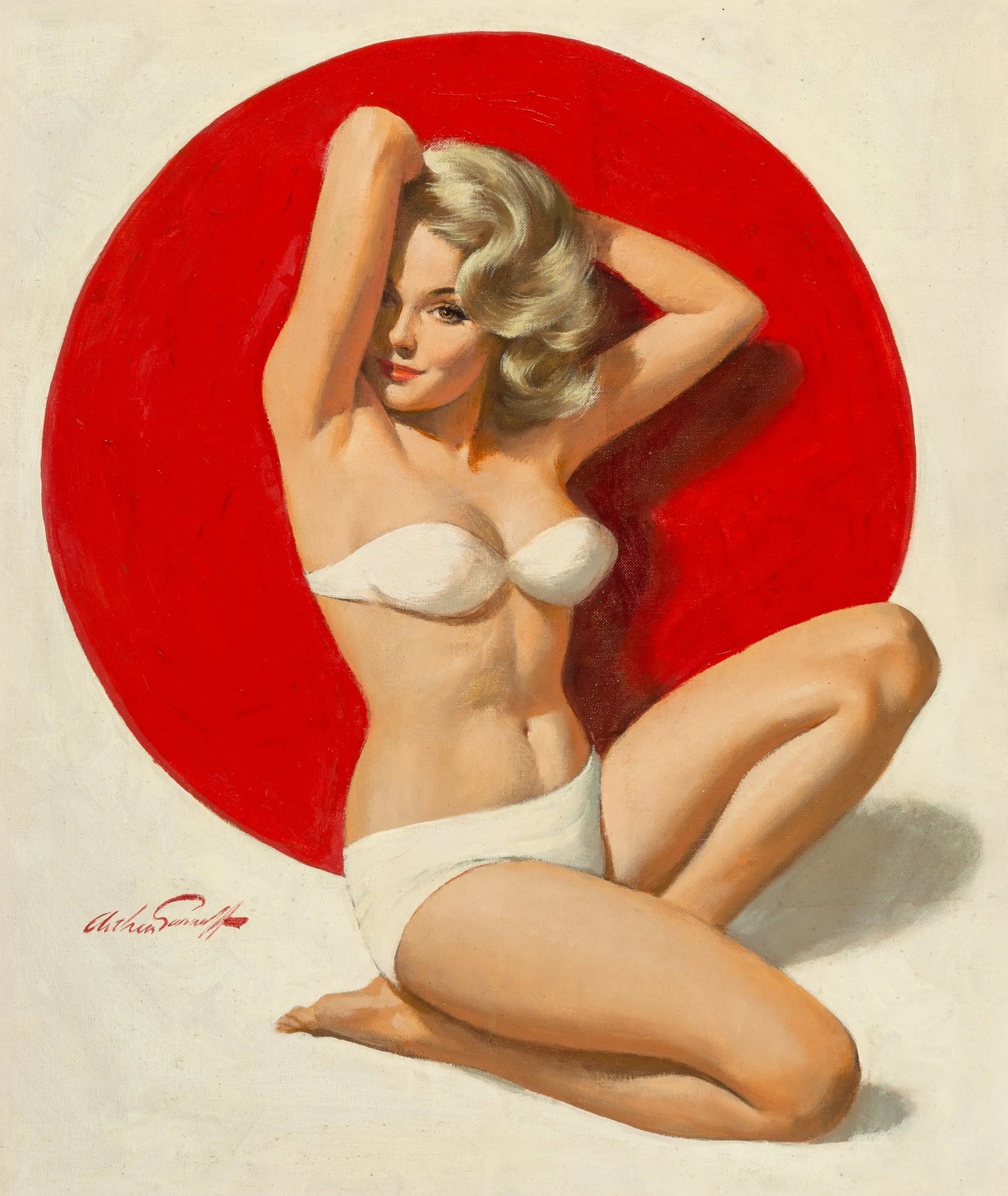{{ product_title }} Fine Art Print | {{ product_vendor }} Jakero77 Arthur Sarnoff - Blonde Pin-Up Girl in White Bikini 1950s Signed - 17"x22" Print Art Print Jakero77