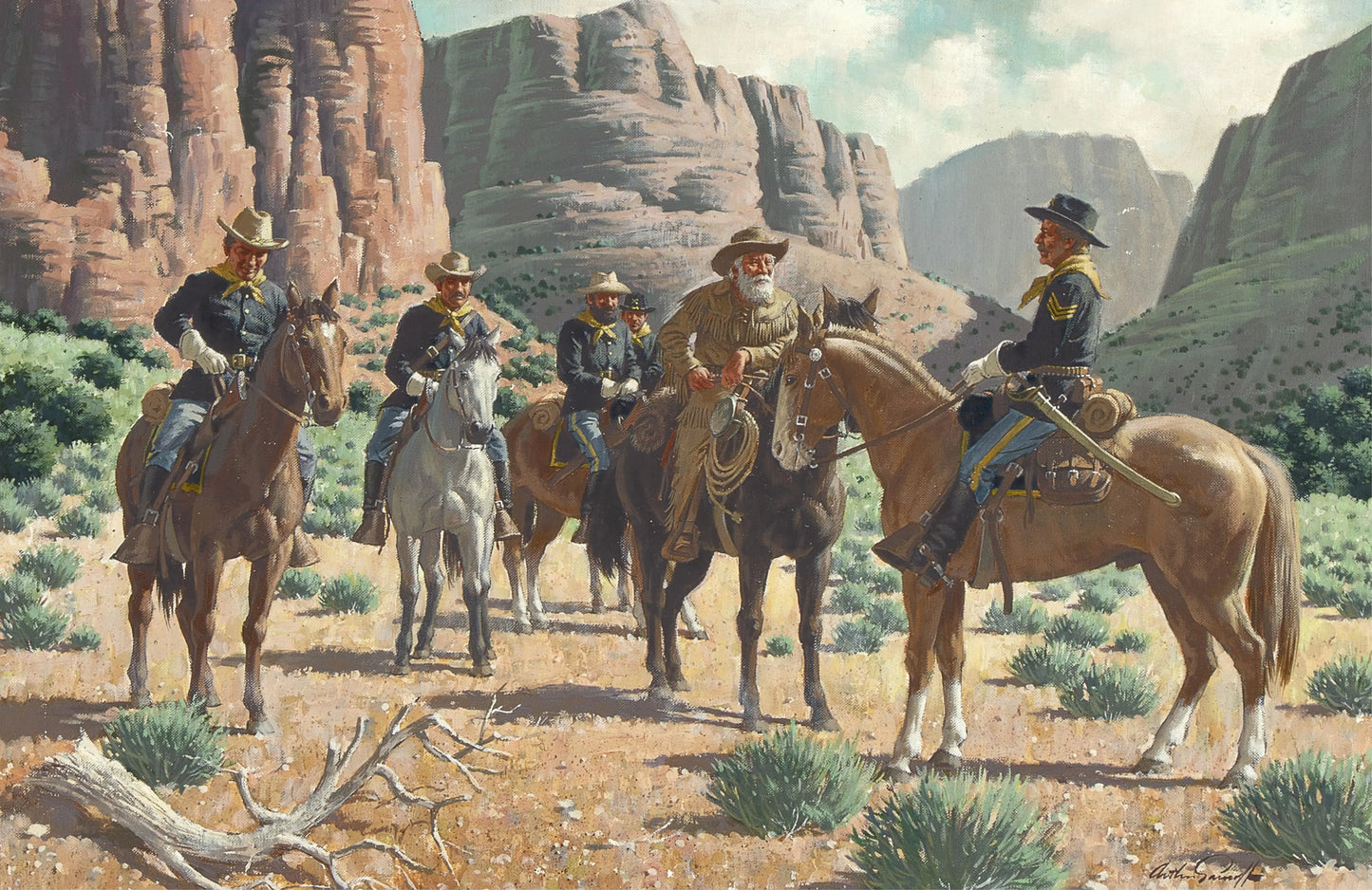 {{ product_title }} Fine Art Print | {{ product_vendor }} Jakero77 Arthur Sarnoff - Cavalry on Horseback Old West 1940s Signed - 17"x22" Art Print Art Print Jakero77