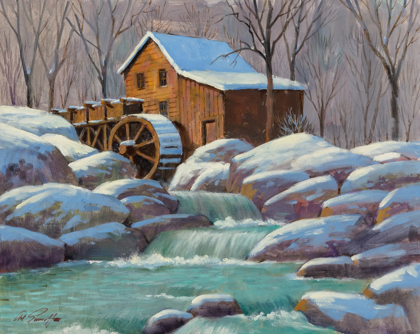 {{ product_title }} Fine Art Print | {{ product_vendor }} Jakero77 Arthur Sarnoff - Grist Mill Water Wheel Winter 1940s Signed - 17"x22" Art Print Art Print Jakero77