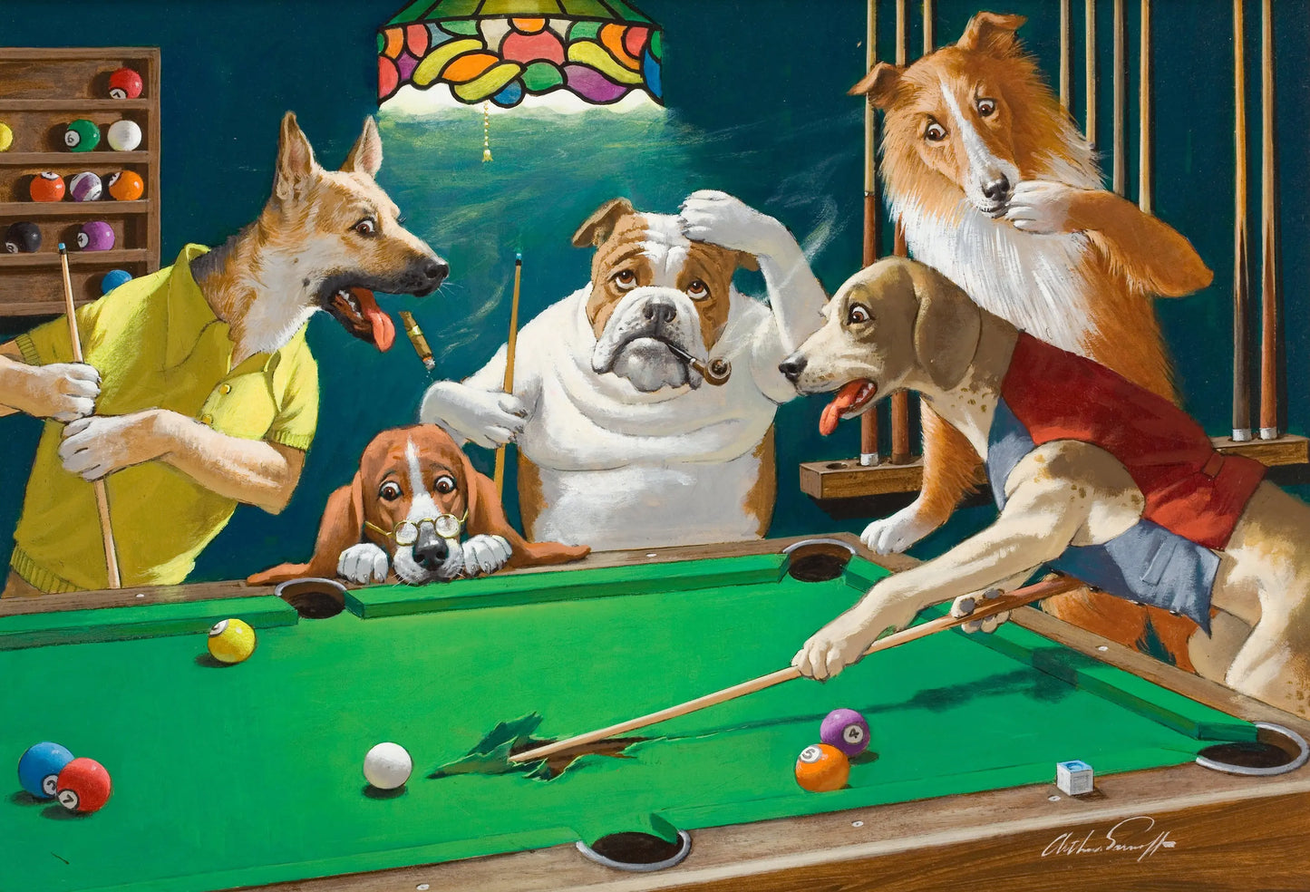 {{ product_title }} Fine Art Print | {{ product_vendor }} Jakero77 Arthur Sarnoff - Jack the Ripper Dogs Playing Pool 1940s Signed - 17" x 22" Print Art Print Jakero77