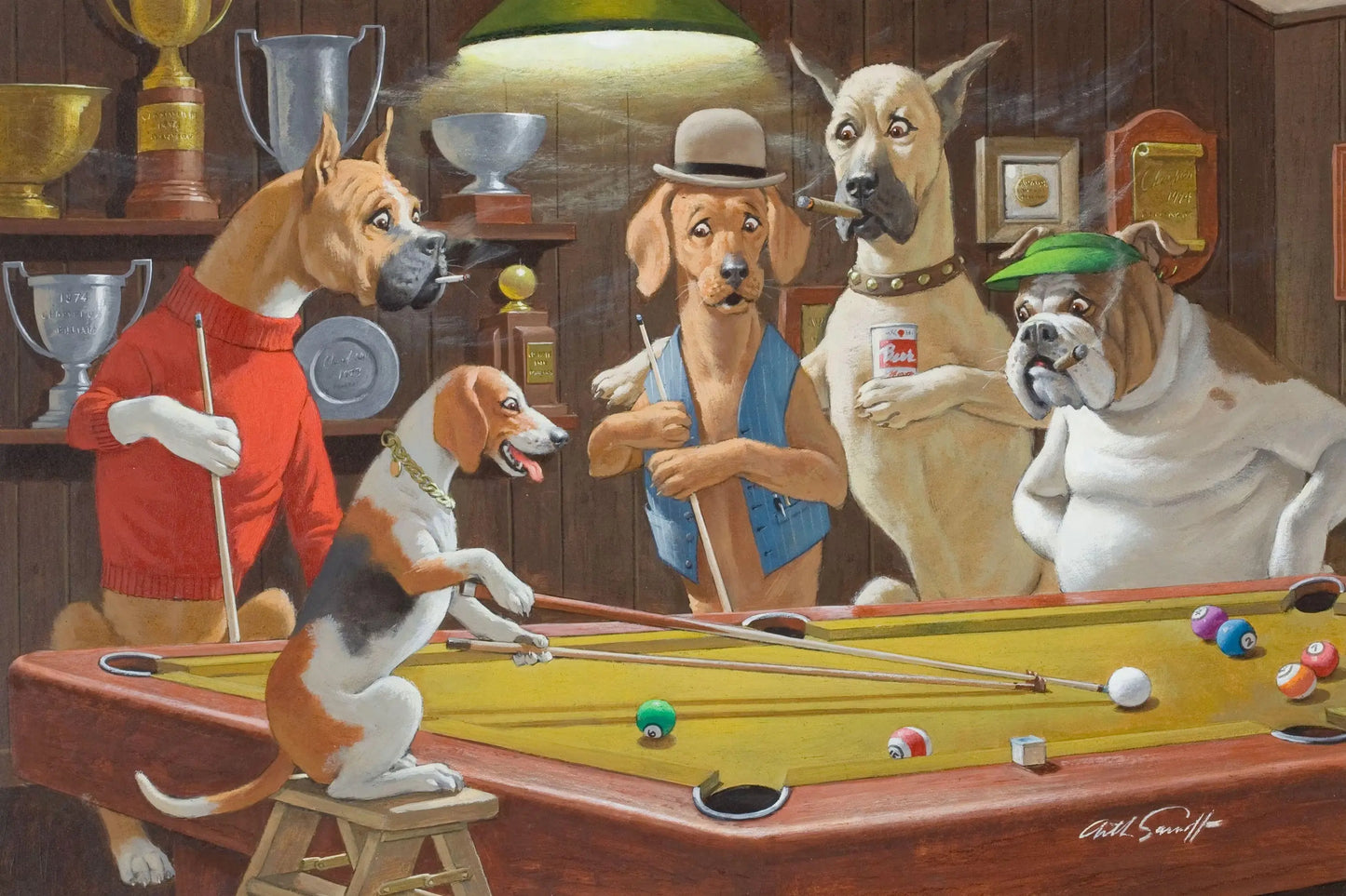 {{ product_title }} Fine Art Print | {{ product_vendor }} Jakero77 Arthur Sarnoff - Making a Move, Dogs Playing Pool 1950s Signed - 17" x 22" Print Art Print Jakero77