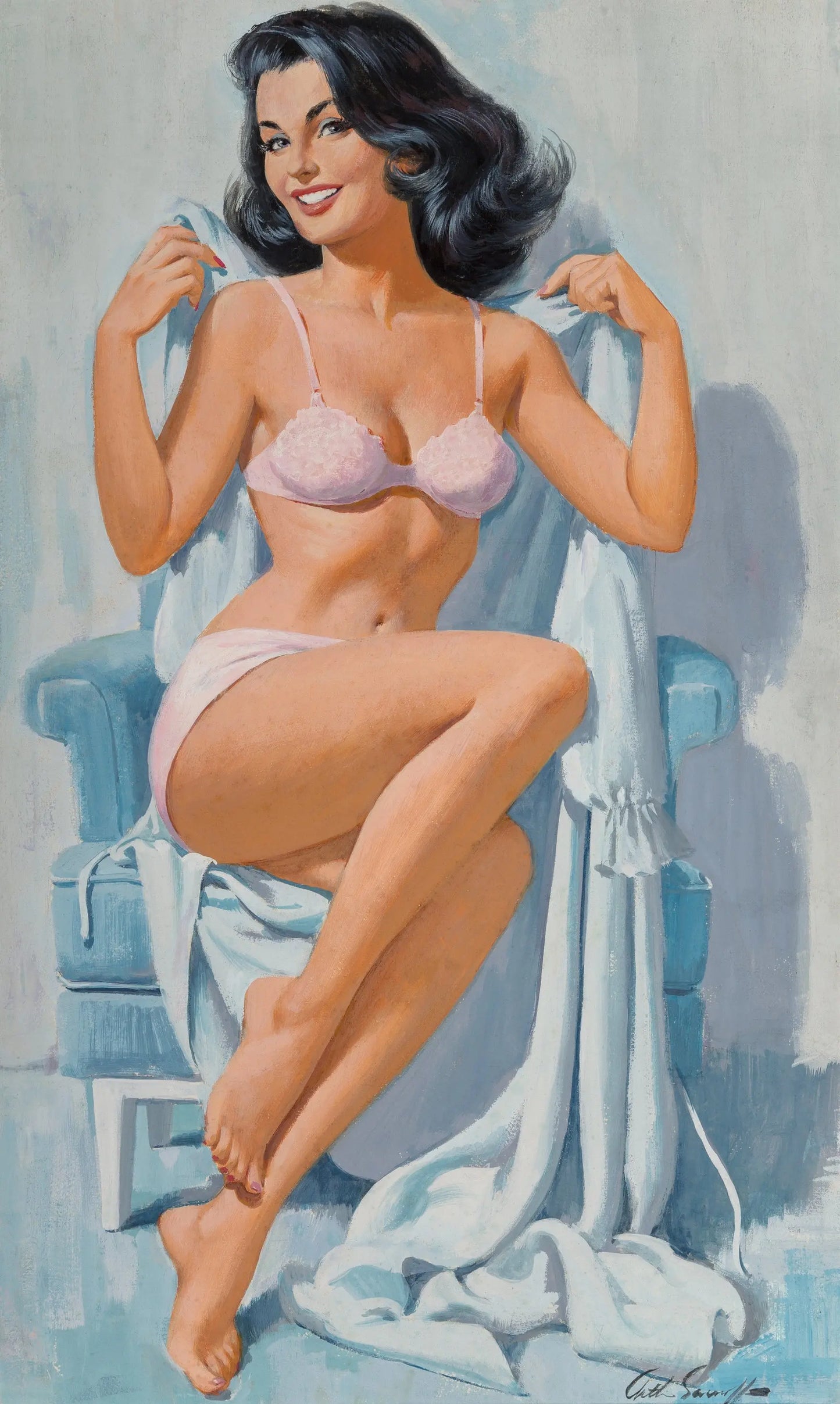 {{ product_title }} Fine Art Print | {{ product_vendor }} Jakero77 Arthur Sarnoff - Pin-Up Girl in Lingerie & Robe 1960s Signed - 17"x22" Art Print Art Print Jakero77