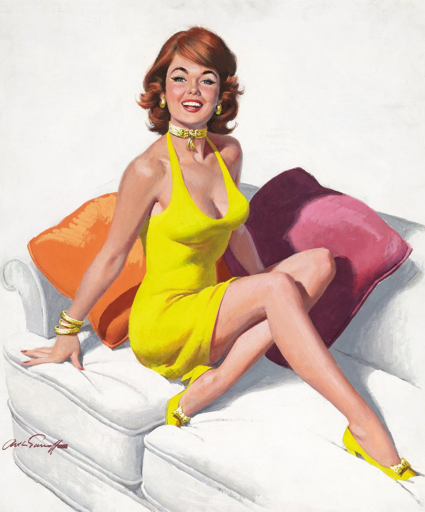 {{ product_title }} Fine Art Print | {{ product_vendor }} Jakero77 Arthur Sarnoff - Redhead in Yellow Dress Feet on Couch 1960s Signed - 17"x22" Fine Art Print Art Print Jakero77