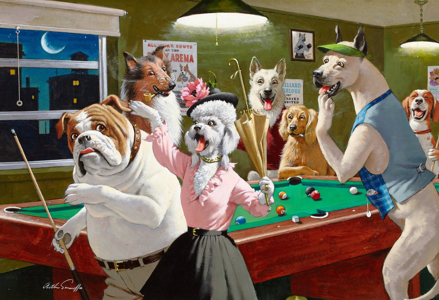 {{ product_title }} Fine Art Print | {{ product_vendor }} Jakero77 Arthur Sarnoff - Scratch at Dawn, Dogs Playing Pool 1960s Signed - 17"x22" Print Art Print Jakero77