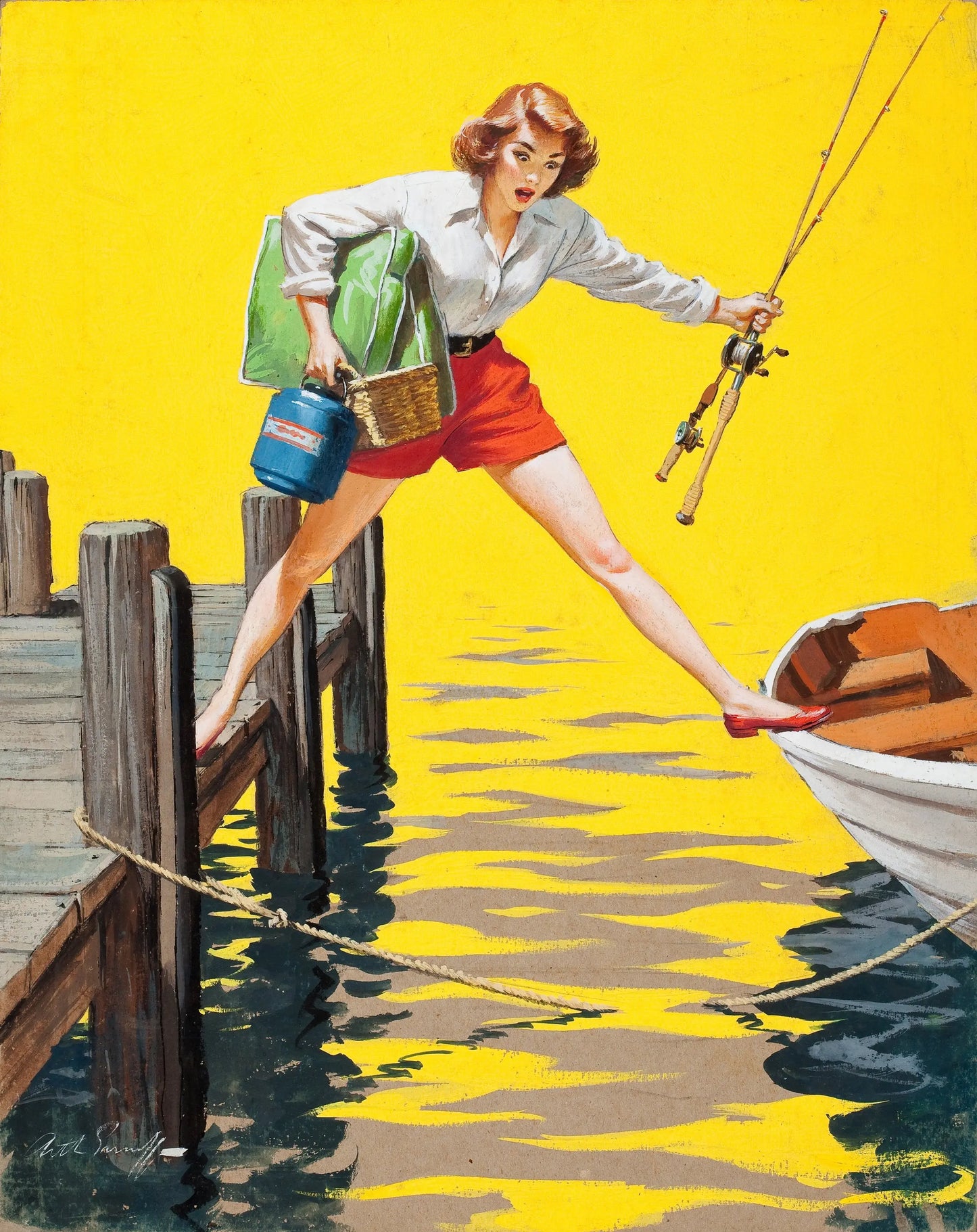{{ product_title }} Fine Art Print | {{ product_vendor }} Jakero77 Arthur Sarnoff - The Predicament Fishing (1955) Signed - 17" x 22" Fine Art Print Art Print Jakero77