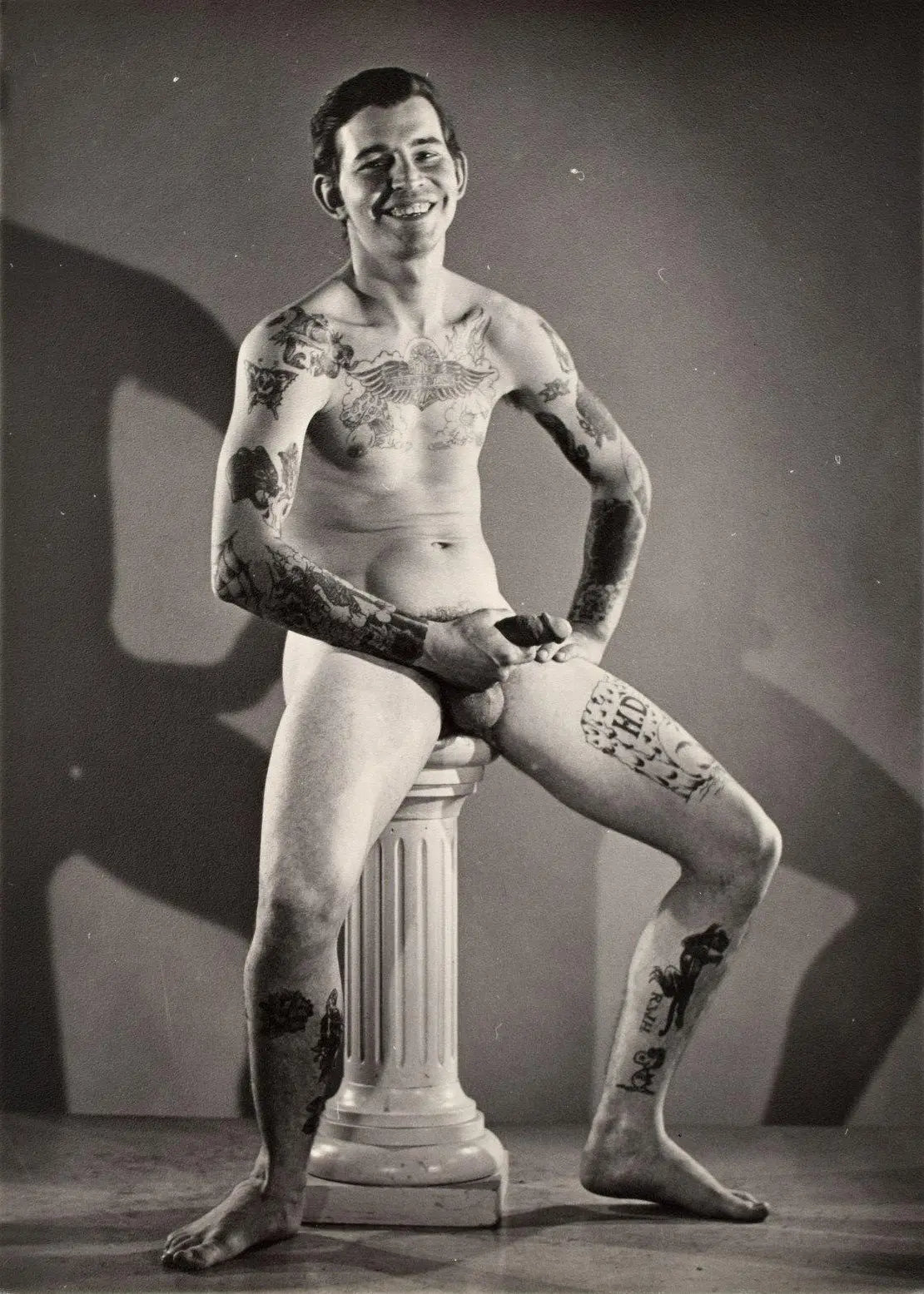 {{ product_title }} Fine Art Print | {{ product_vendor }} Jakero77 Bruce Bellas of LA Vintage Homoerotic Nude Tattooed Sailor Sitting 1960s Gay Interest - 17" x 22" Art Print - 2081 Art Print Jakero77