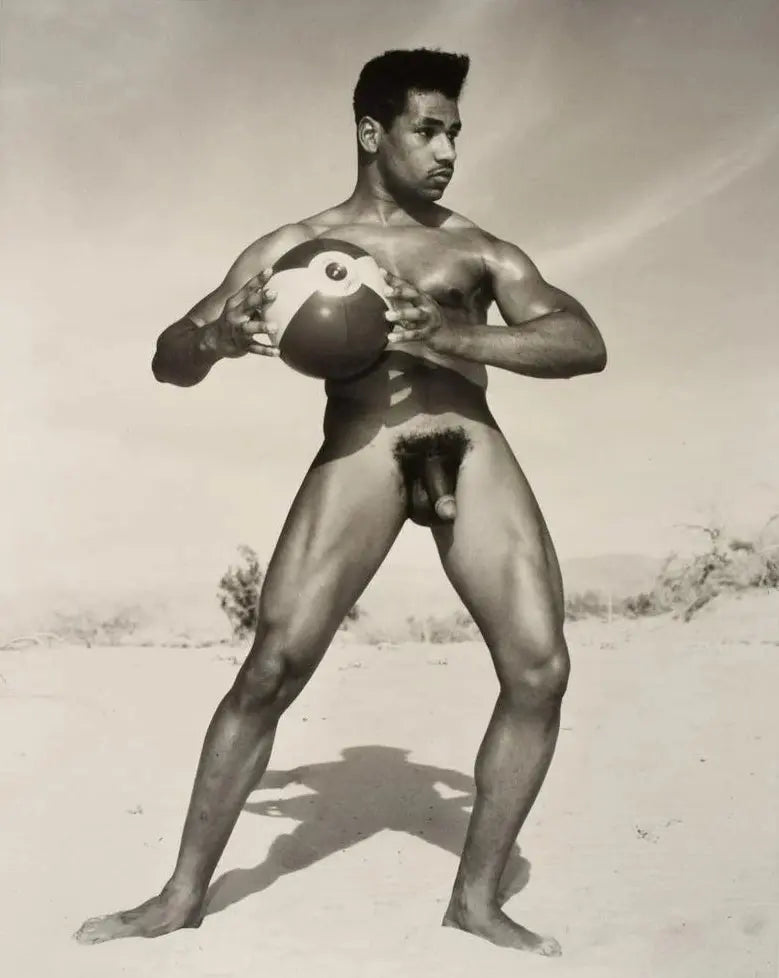 {{ product_title }} Fine Art Print | {{ product_vendor }} Jakero77 Bruce of LA Nude Black Male Sand & Beachball Vintage Gay - 17"x22" Fine Art Print - 1828 Art Print Jakero77