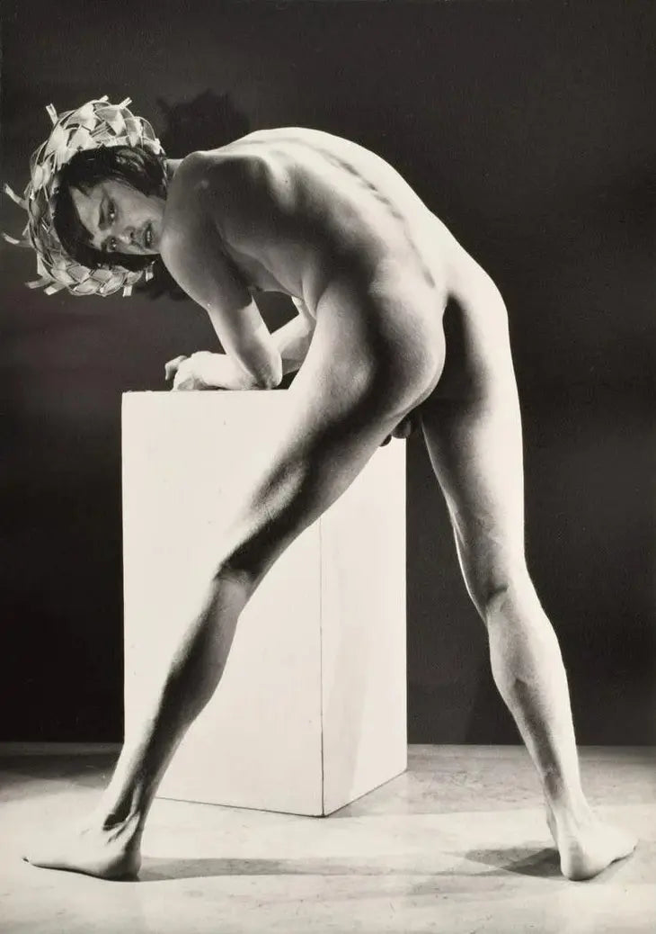 {{ product_title }} Fine Art Print | {{ product_vendor }} Jakero77 Bruce of LA Vintage Nude Male Straw Hat Bent Over Gay - 17" x 22" Fine Art Print - 1757 Art Print Jakero77