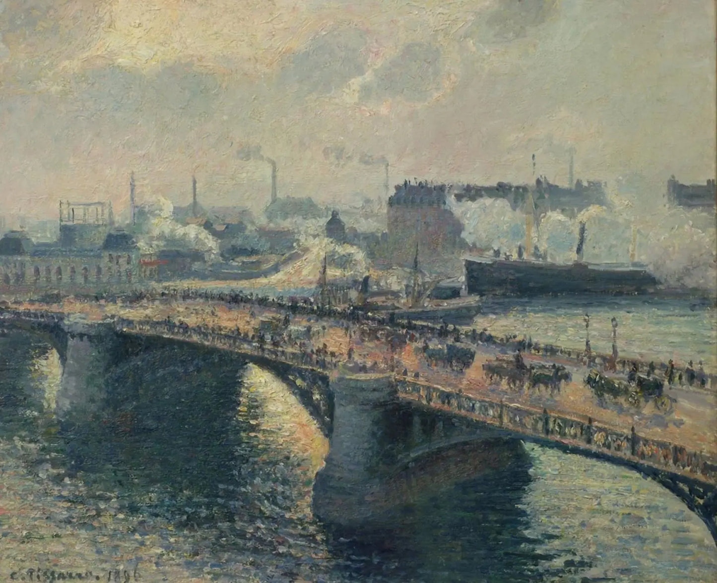 {{ product_title }} Fine Art Print | {{ product_vendor }} Jakero77 Camille Pissarro - Pont Boieldieu in Rouen, Sunset Foggy (1896) Signed - 17" x 22" Fine Art Print Art Print Jakero77