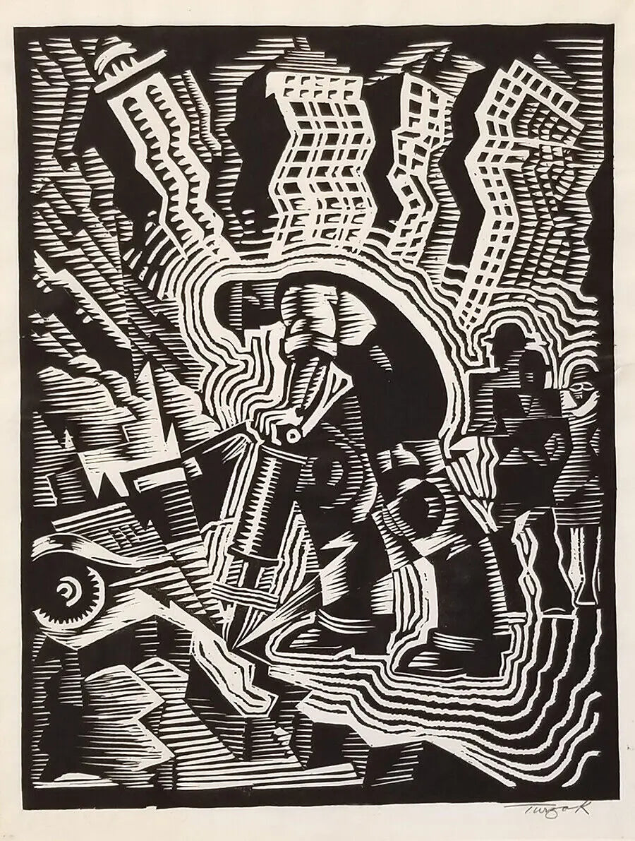 {{ product_title }} Fine Art Print | {{ product_vendor }} Jakero77 Charles Turzak - Man with a Drill Construction 1930s Signed - 17"x22" Art Print Art Print Jakero77