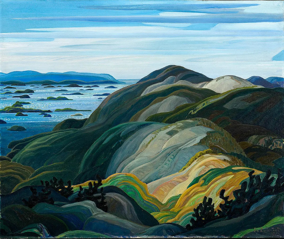 {{ product_title }} Fine Art Print | {{ product_vendor }} Jakero77 Franklin Carmichael - Bay of Islands from Mount Burke 1931 Signed - 17"x22" Print Art Print Jakero77