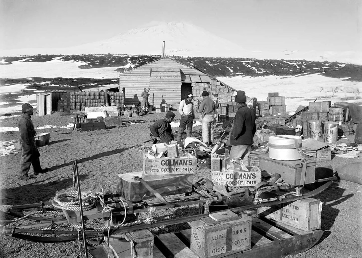 {{ product_title }} Fine Art Print | {{ product_vendor }} Jakero77 Herbert Ponting - Supplies at Camp Evans, Volcano Mount Erebus (1911) - 17"x22" Fine Art Print Art Print Jakero77