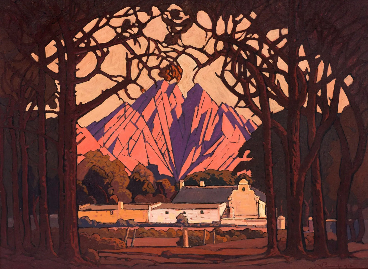{{ product_title }} Fine Art Print | {{ product_vendor }} Jakero77 Jacobus Hendrik Pierneef - Farm Jonkershoek with Twin Peaks Beyond Stellenbosch (1928) - 17"x22" Fine Art Print Art Print Jakero77