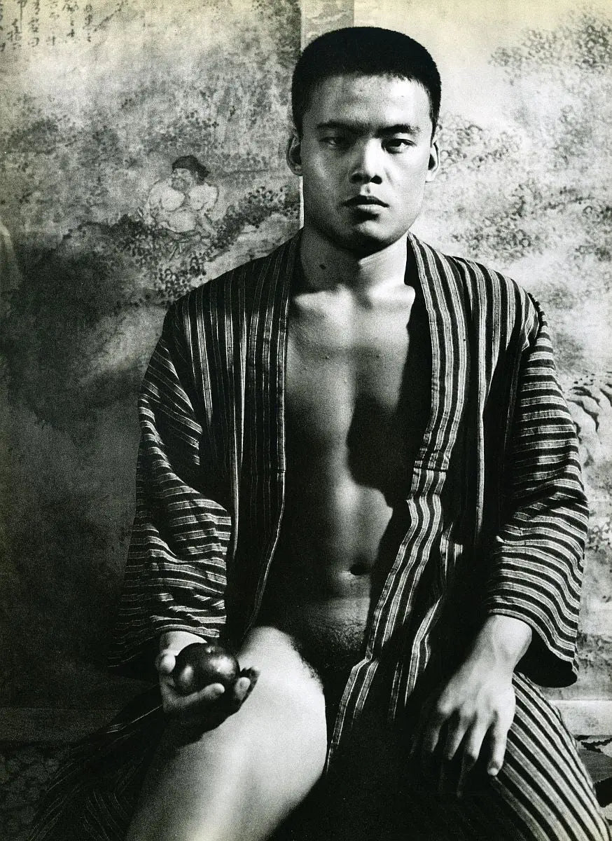 {{ product_title }} Fine Art Print | {{ product_vendor }} Jakero77 Tamotsu Yato - Nude Japanese Male in Kimono Holding Apple Gay 1970s - 17" x 22" Fine Art Print Art Print Jakero77