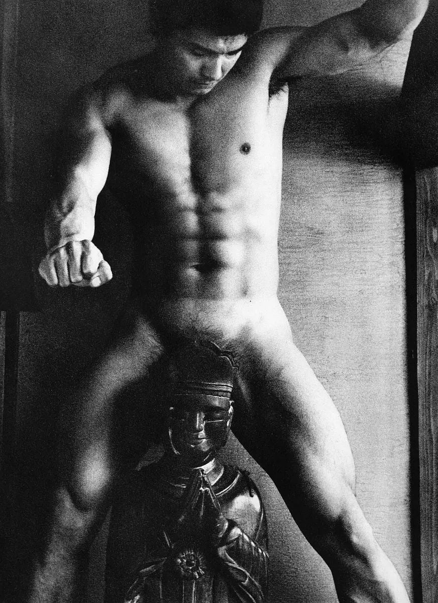 {{ product_title }} Fine Art Print | {{ product_vendor }} Jakero77 Tamotsu Yato - Nude Samurai Power Fist Behind Statue 1970s Gay - 17" x 22" Print Art Print Jakero77