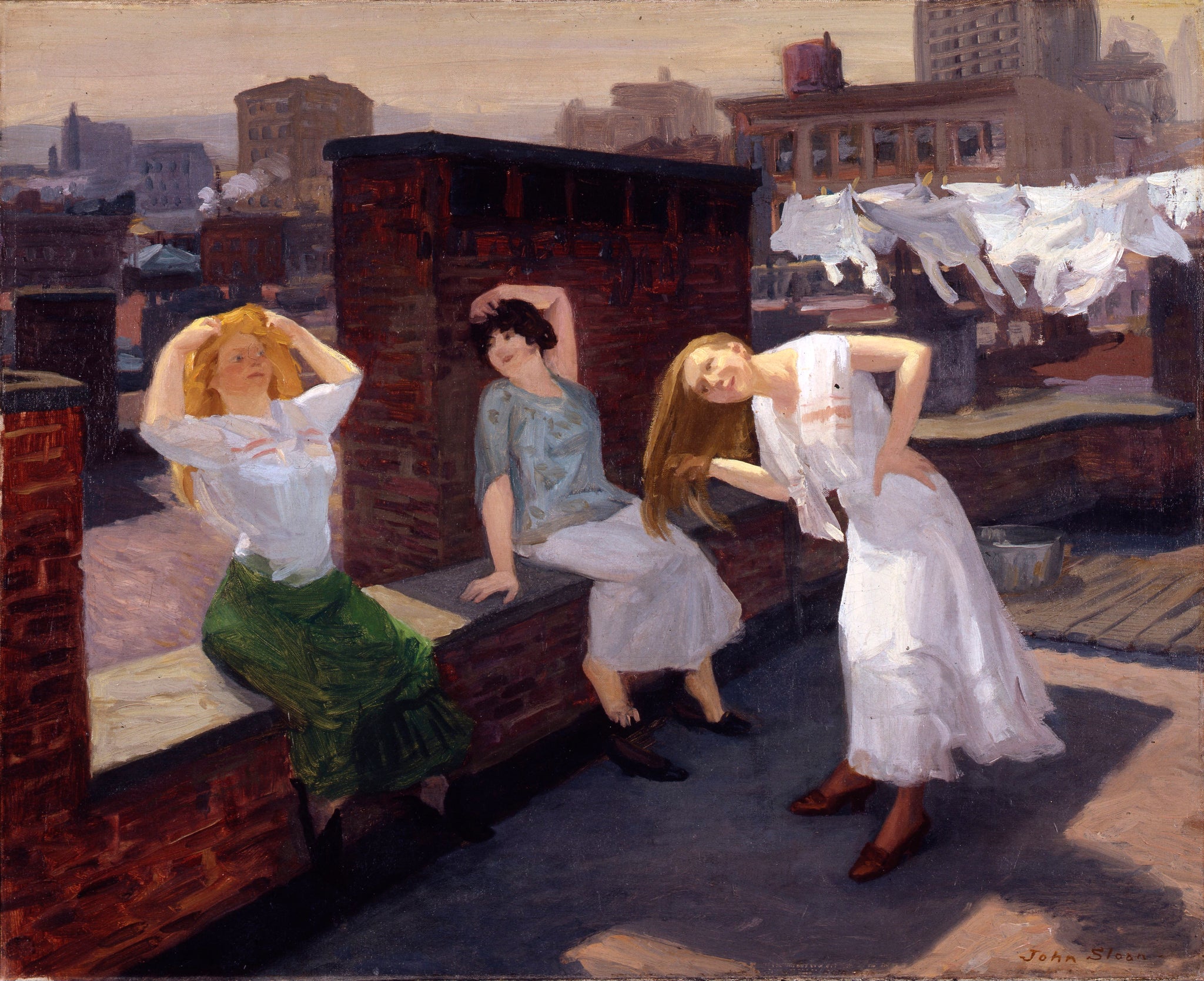 John Sloan - Rooftop Sunday, Women Drying Their Hair (1912) NYC - 17"x22" Print