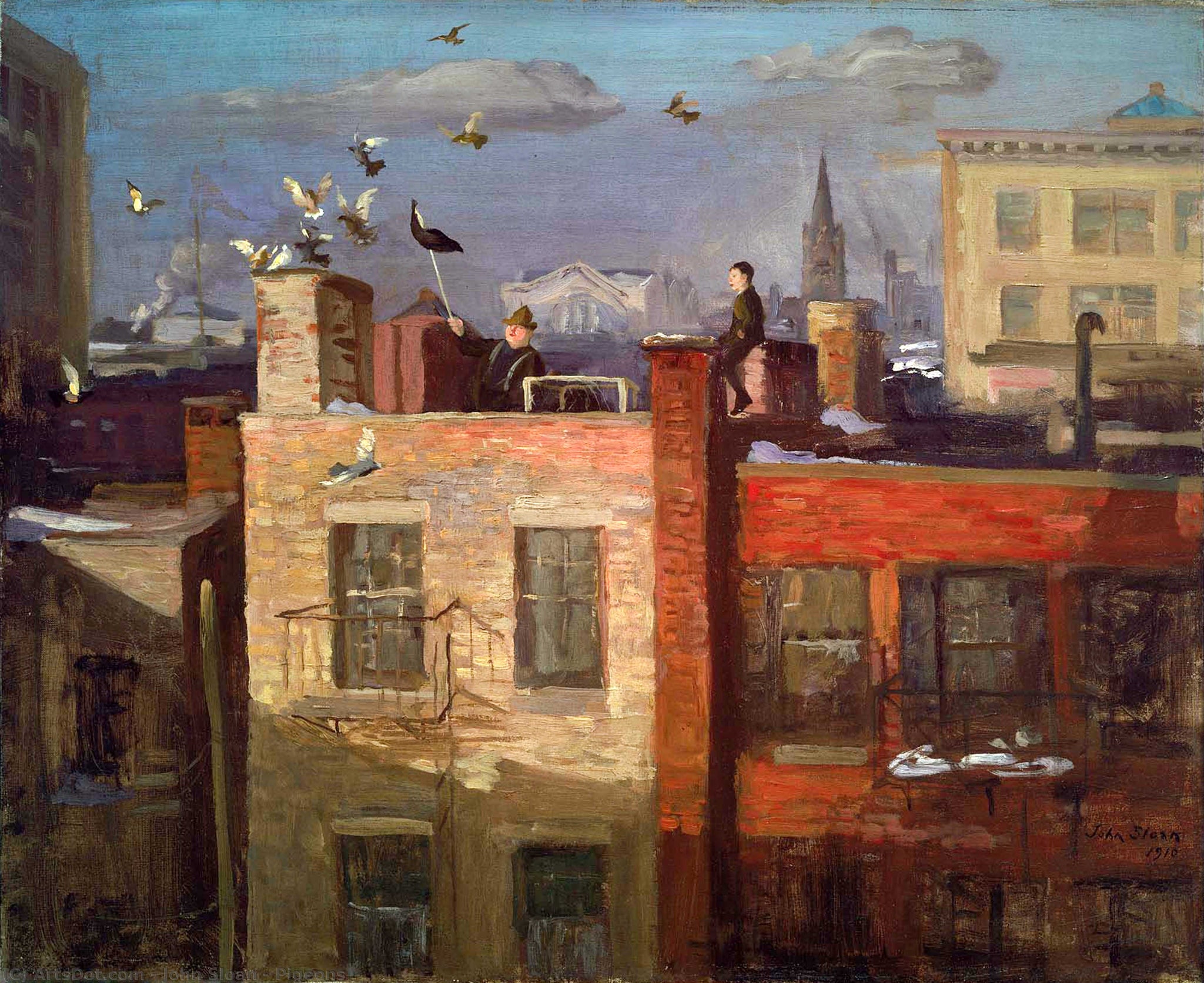 John Sloan - Pigeons New York City Rooftop (1910) - 17" x 22" Fine Art Print