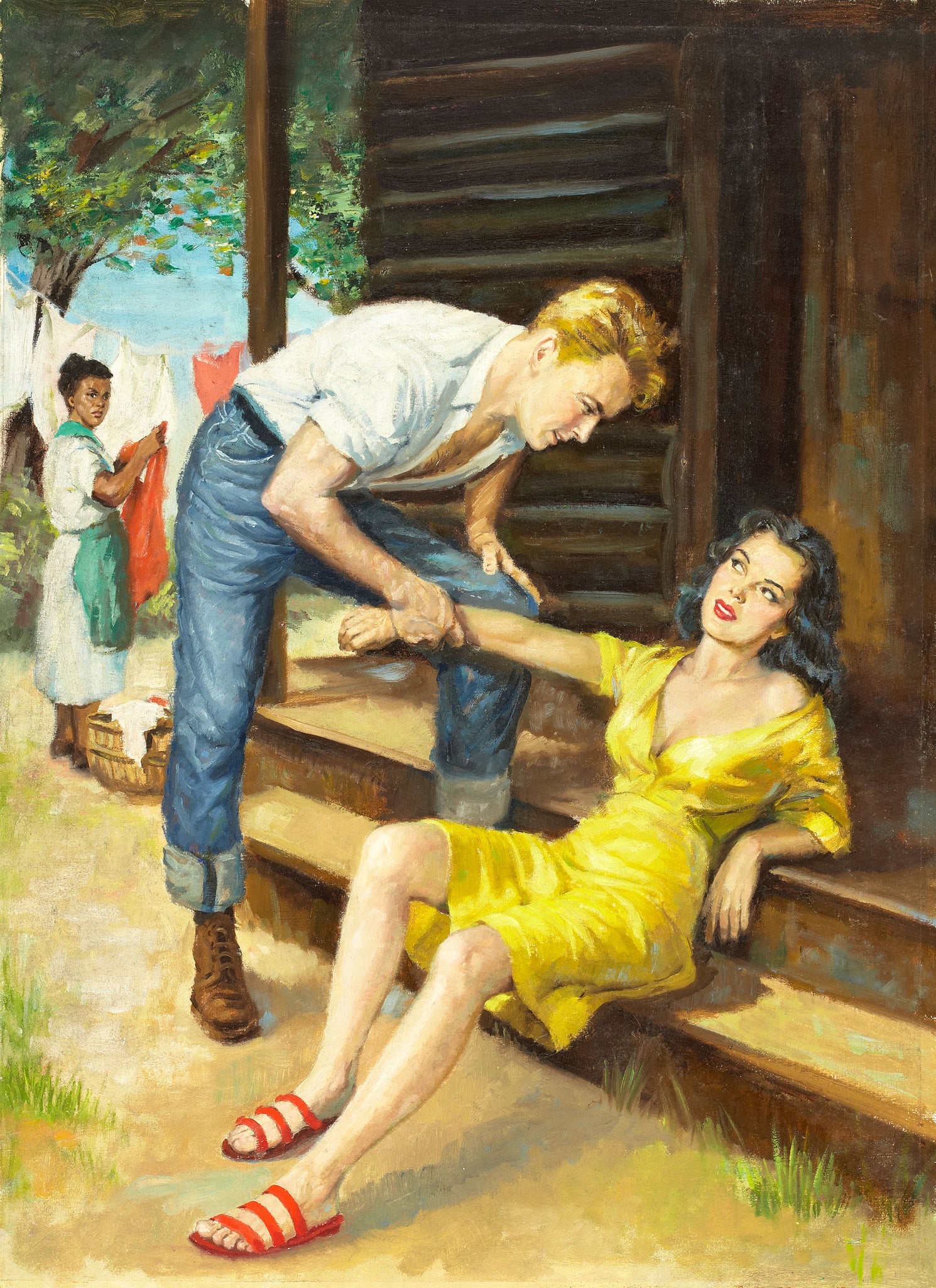 Romance in 1950s Gentleman Courts Lady in Yellow Dress - 17"x22" Fine Art Print