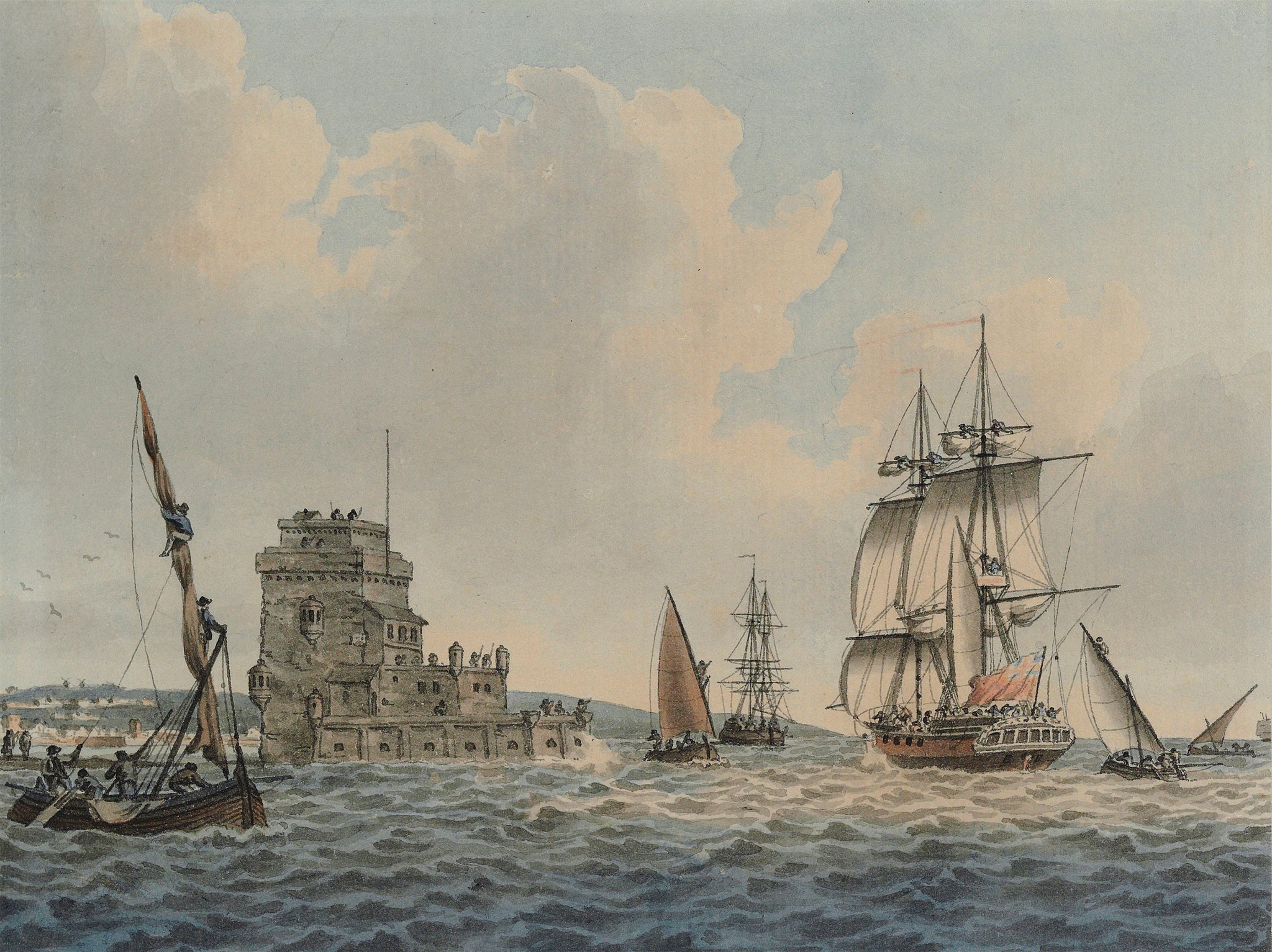 John Cleveley - Captain Cook's Ships near Belem Castle Lisbon (1770s) - 17"x22" Fine Art Print