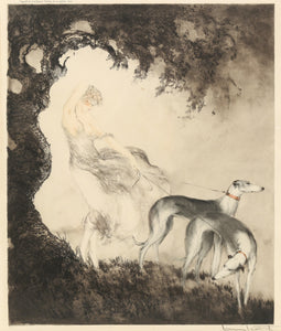 Louis Icart - Gust of Wind (1925) Nude Woman with Dogs - 17"x22" Fine Art Print