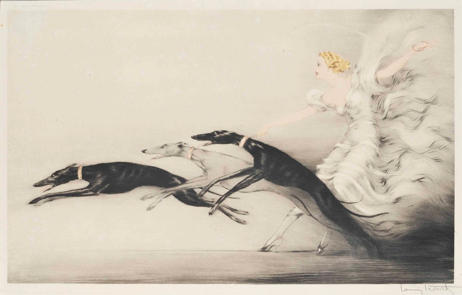 {{ product_title }} Fine Art Print | {{ product_vendor }} Jakero77 Louis Icart - Speed II (1933) One Woman Three Greyhounds Fine Art Print Art Print  Jakero77