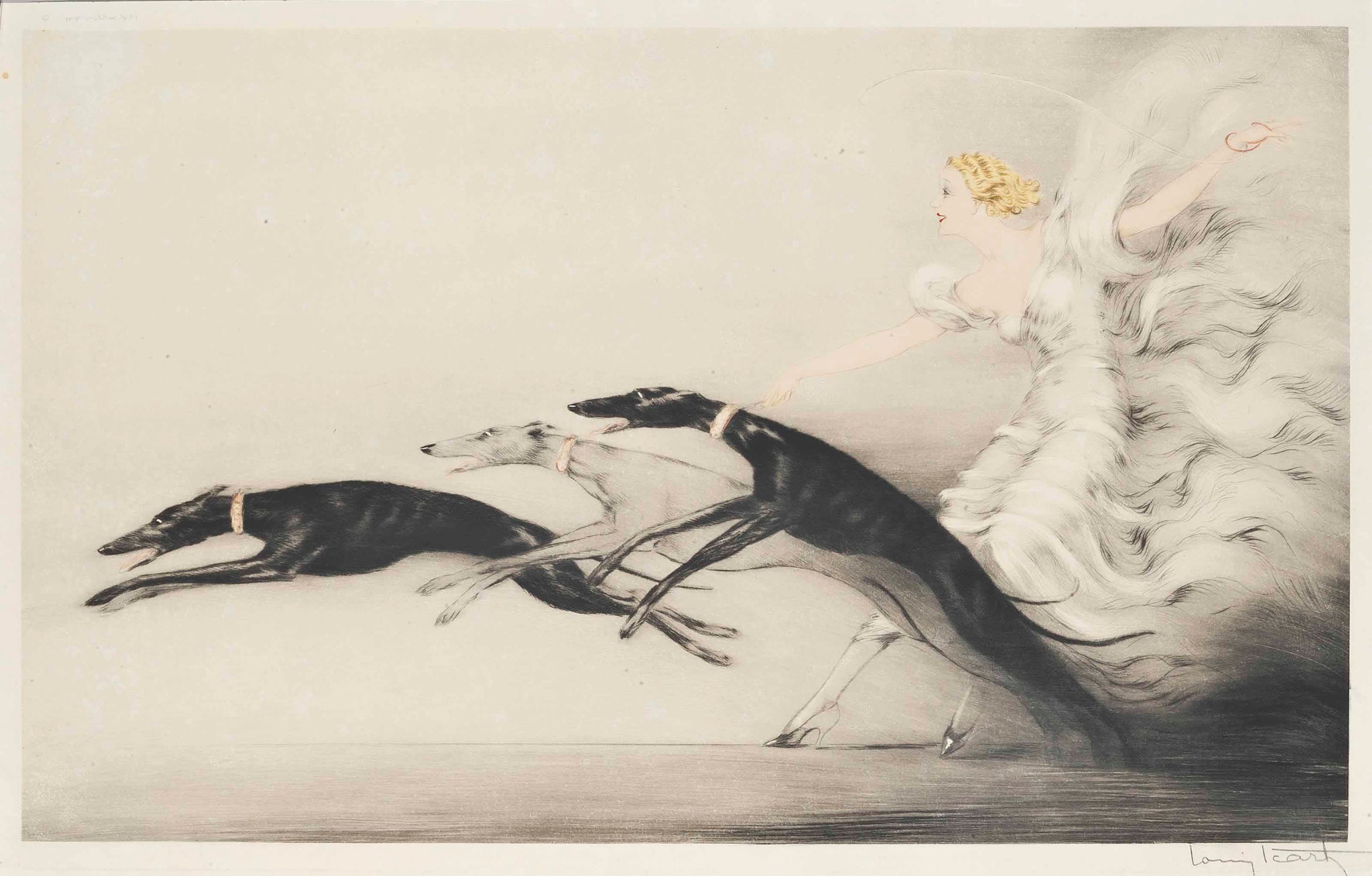 Louis Icart - Speed II (1933) One Woman Three Greyhounds - 17"x22" Fine Art Print