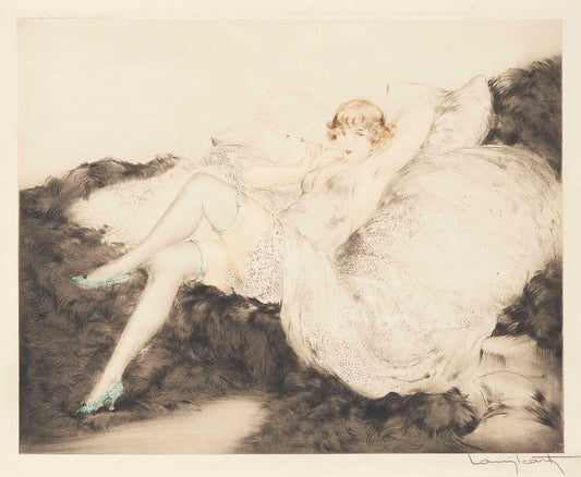 {{ product_title }} Fine Art Print | {{ product_vendor }} Jakero77 Louis Icart - White Underwear (1925) Lady Smoking Cigarette Fine Art Print Art Print  Jakero77