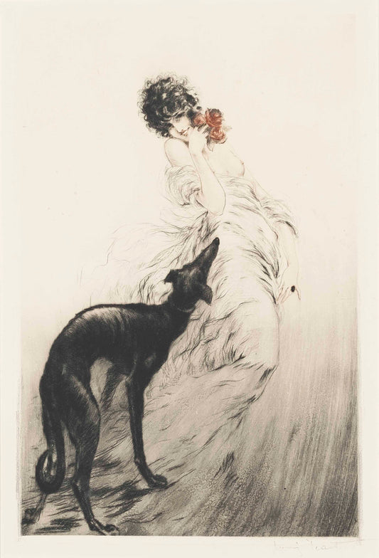 {{ product_title }} Fine Art Print | {{ product_vendor }} Jakero77 Louis Icart - Favorite Scent (1920) Woman & Greyhound Fine Art Print Art Print  Jakero77