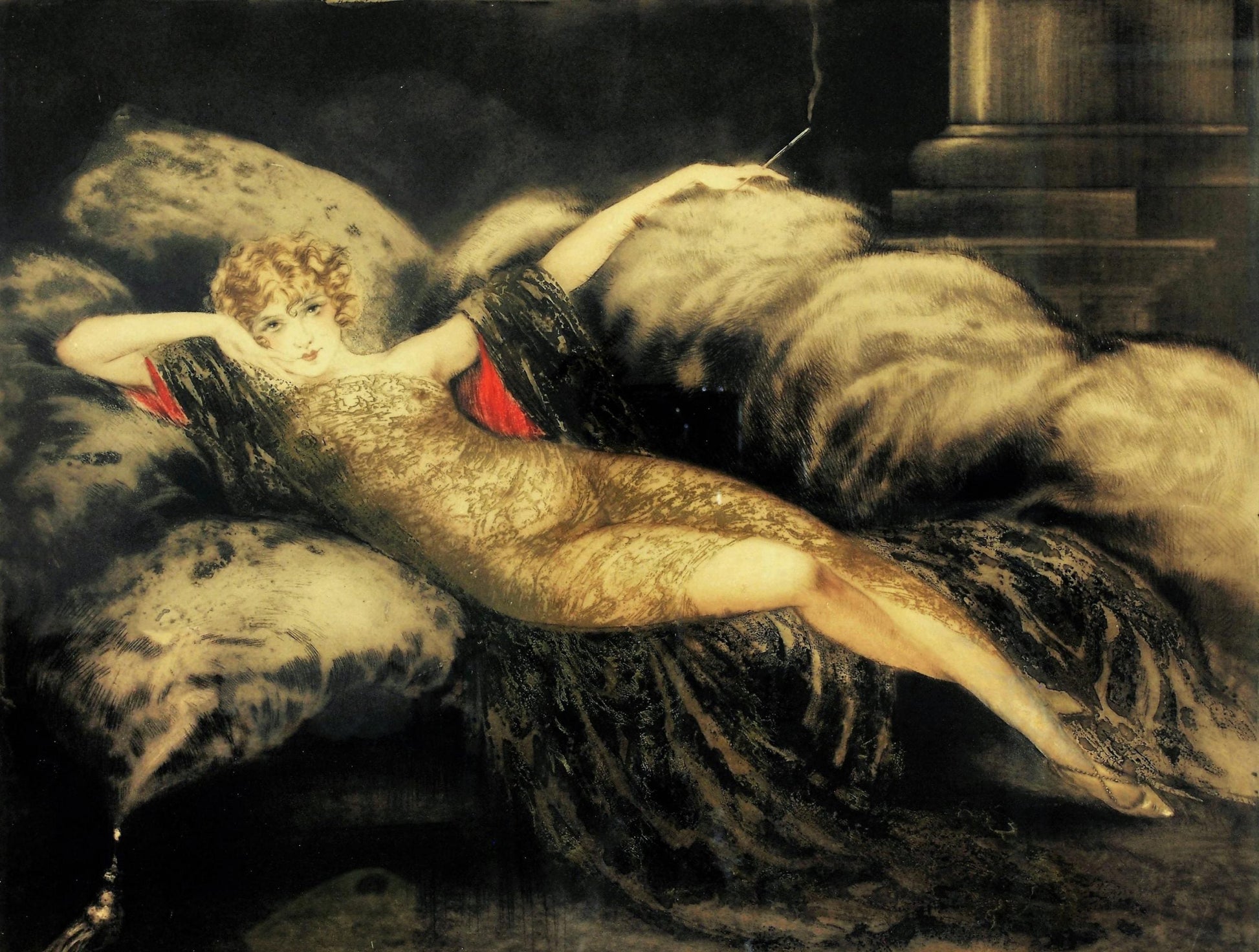 {{ product_title }} Fine Art Print | {{ product_vendor }} Jakero77 Louis Icart - Golden Veil (1930) Semi Nude Boudoir Fine Art Print Art Print  Jakero77