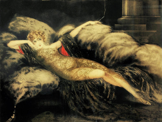 {{ product_title }} Fine Art Print | {{ product_vendor }} Jakero77 Louis Icart - Golden Veil (1930) Semi Nude Boudoir Fine Art Print Art Print  Jakero77