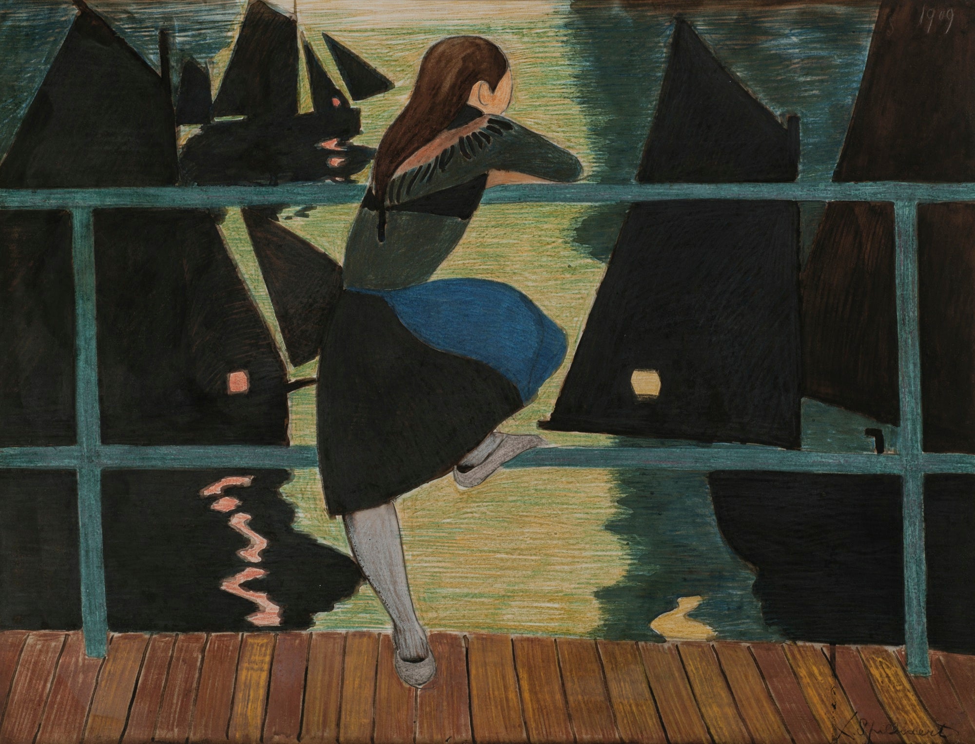 Léon Spilliaert - Girl Leaning on Rail, Facing the Port (1946) - 17" x 22" Print