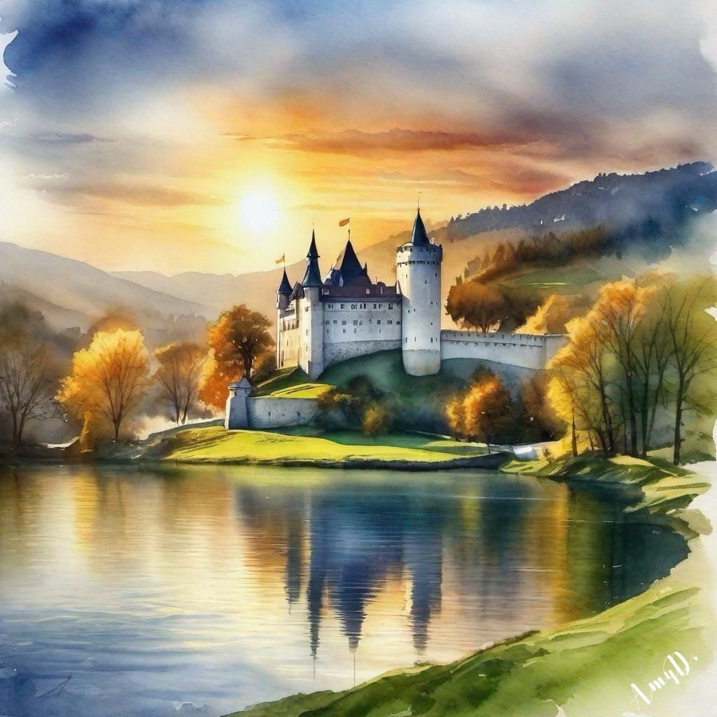 Amy Diab - Majestic Castle by the Lake (2023) Hand-Signed - 17" x 22" Art Print