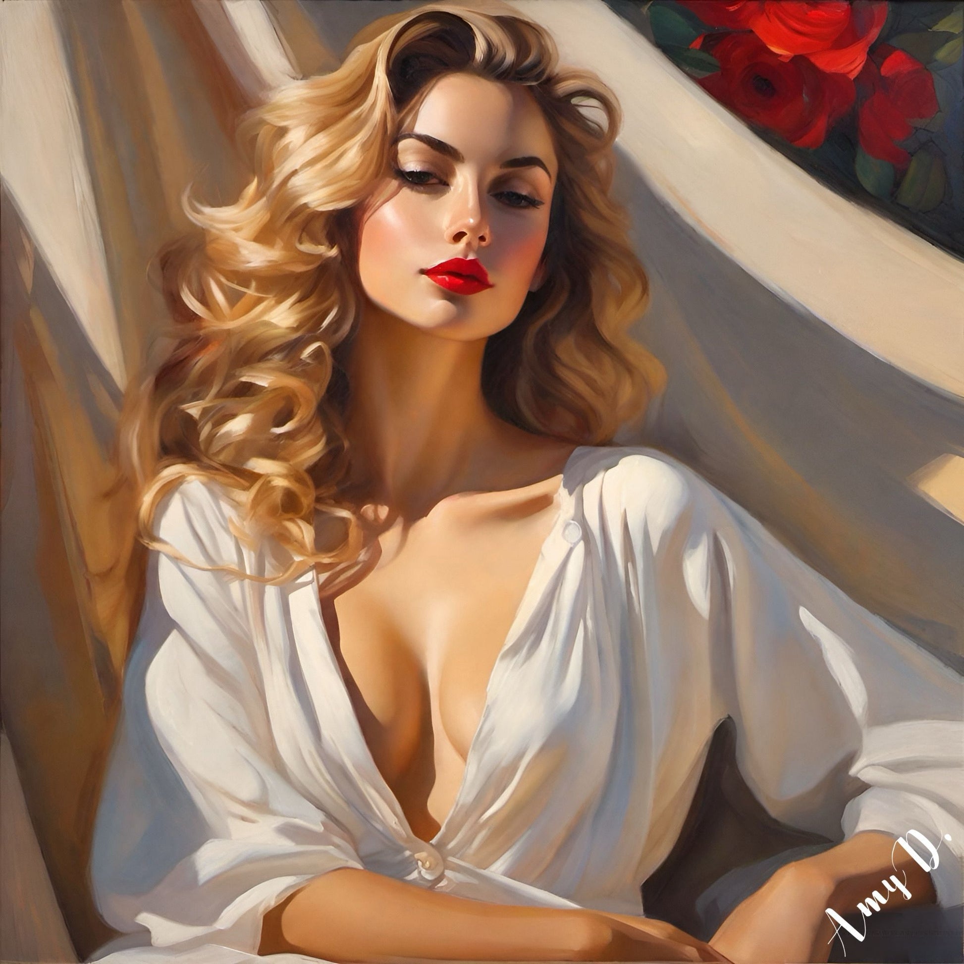 {{ product_title }} Fine Art Print | {{ product_vendor }} Jakero77 Amy Diab - Scarlet Enigma (2024) Blonde Pin-Up Girl Hand-Signed Fine Art Print Art Print  Jakero77