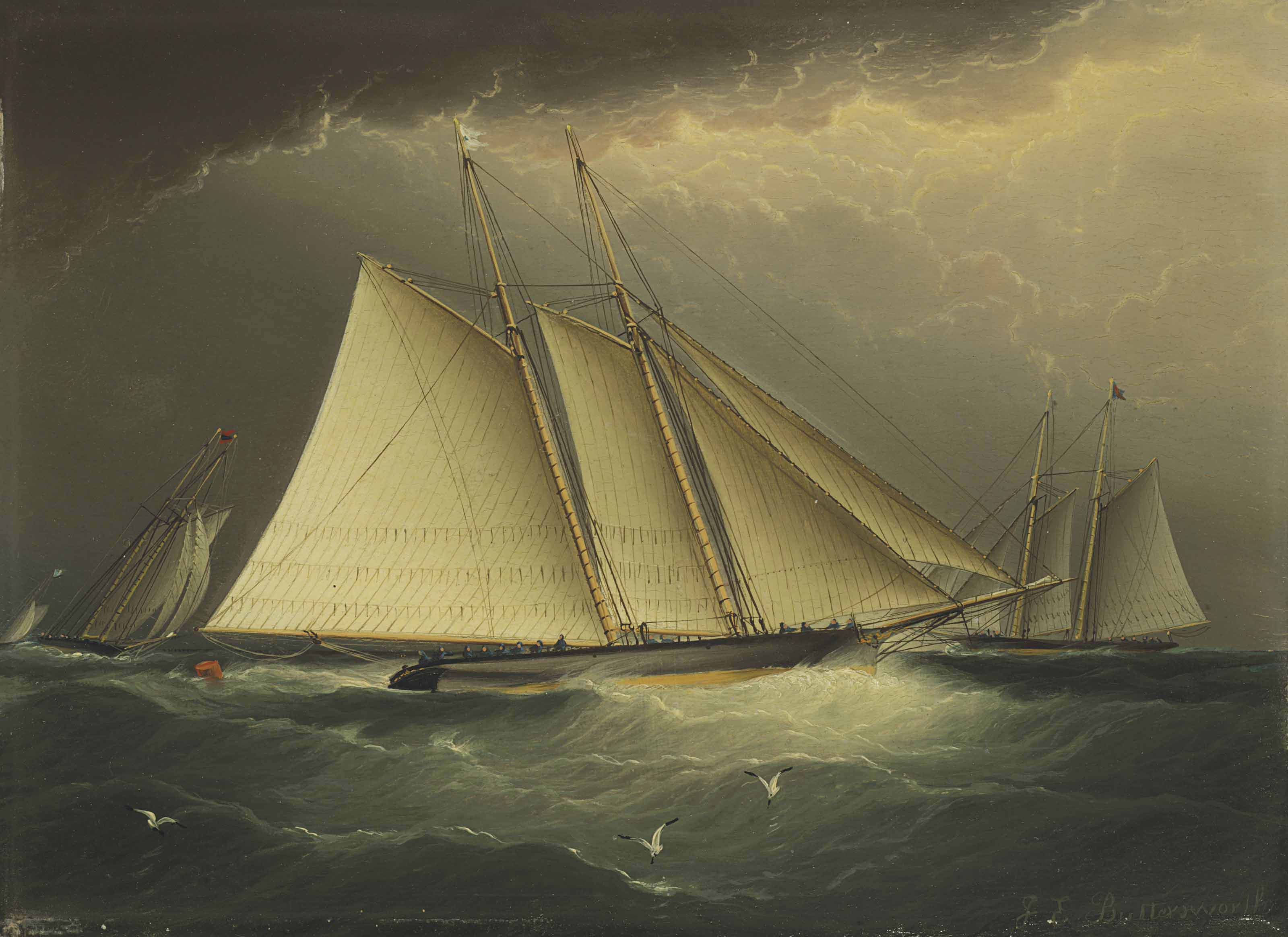 {{ product_title }} Fine Art Print | {{ product_vendor }} Jakero77 James Edward Buttersworth - Three Schooner Yachts Racing in a Squall Fine Art Print Art Print  Jakero77